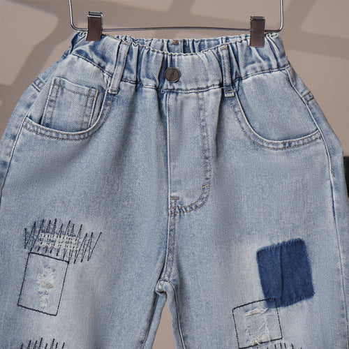 Mom N Genie Boy's Light Blue Patchwork Denim Jeans