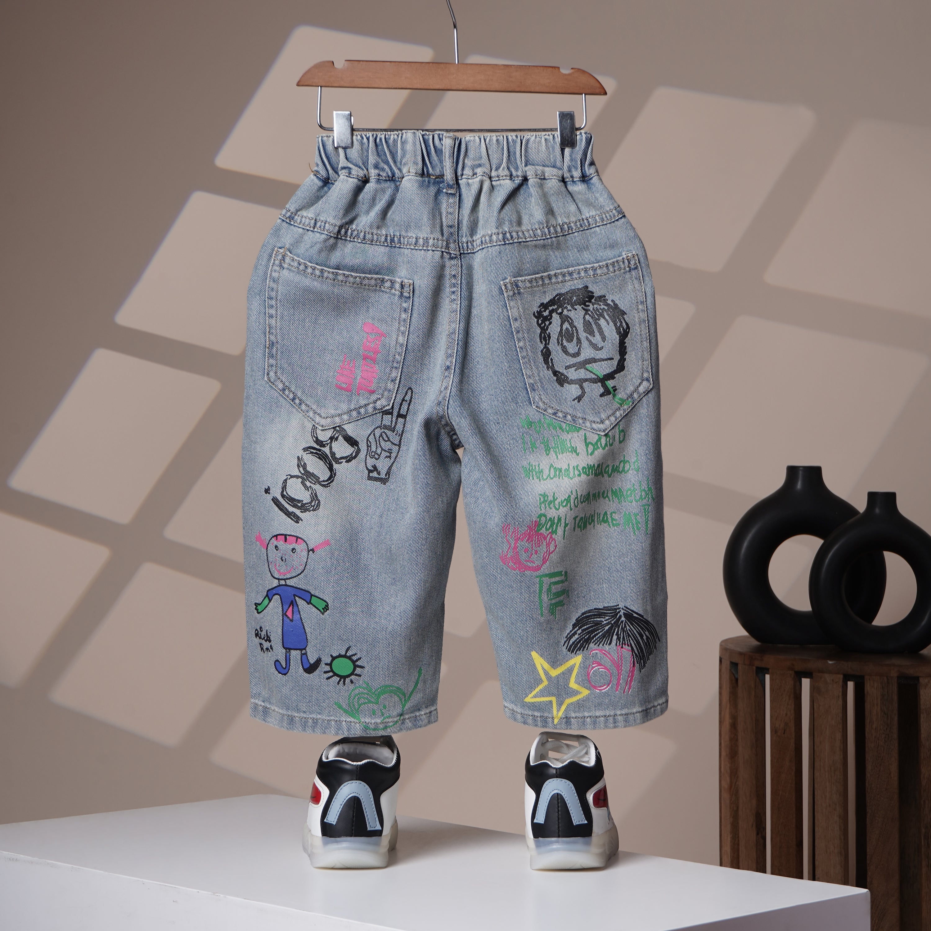 Mom N Genie Kids Denim Jeans with Graffiti Print