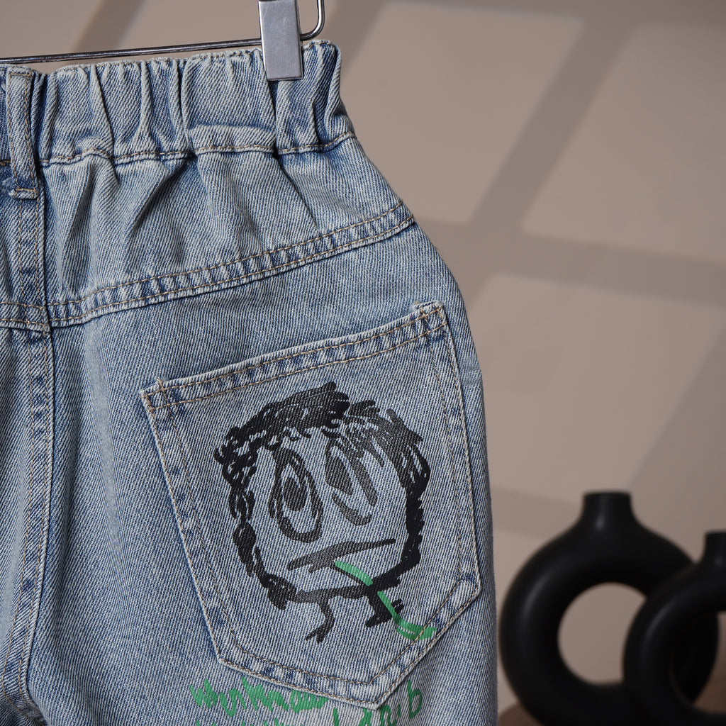 Mom N Genie Kids Denim Jeans with Graffiti Print