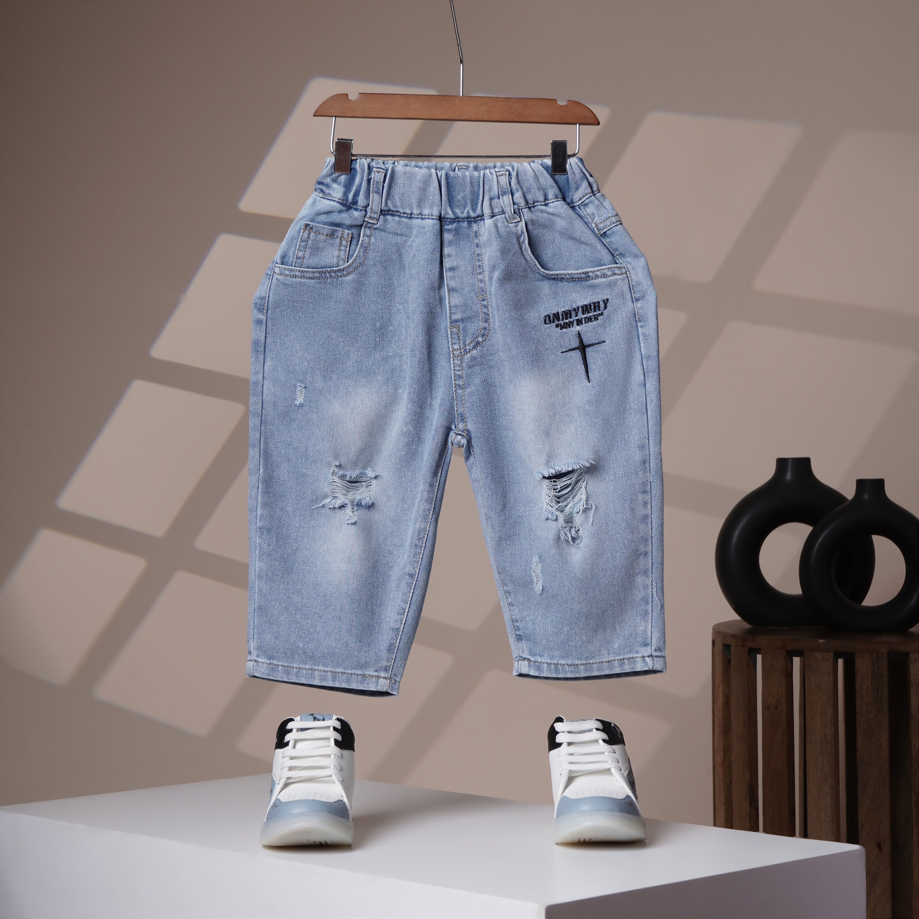 Mom N Genie Boy's Light Blue Distressed Denim Jeans with Printed Detail & Contrast Back Pocket