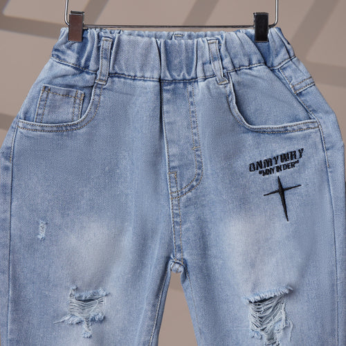 Mom N Genie Boy's Light Blue Distressed Denim Jeans with Printed Detail & Contrast Back Pocket