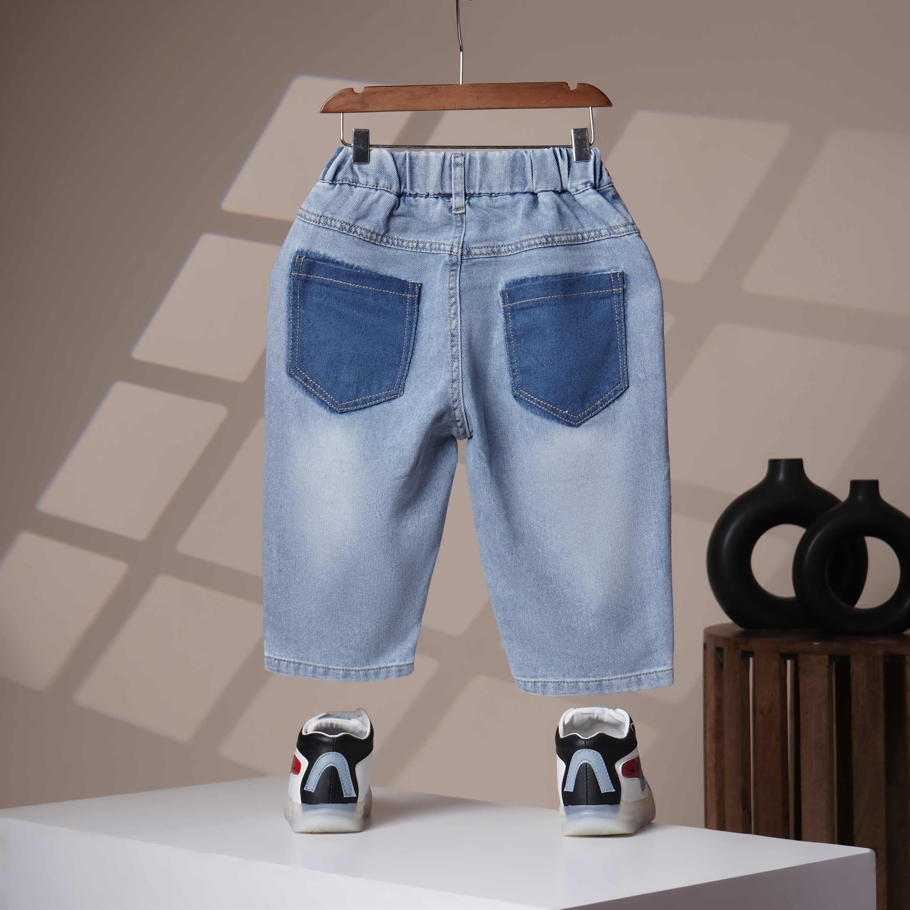 Mom N Genie Boy's Light Blue Distressed Denim Jeans with Printed Detail & Contrast Back Pocket