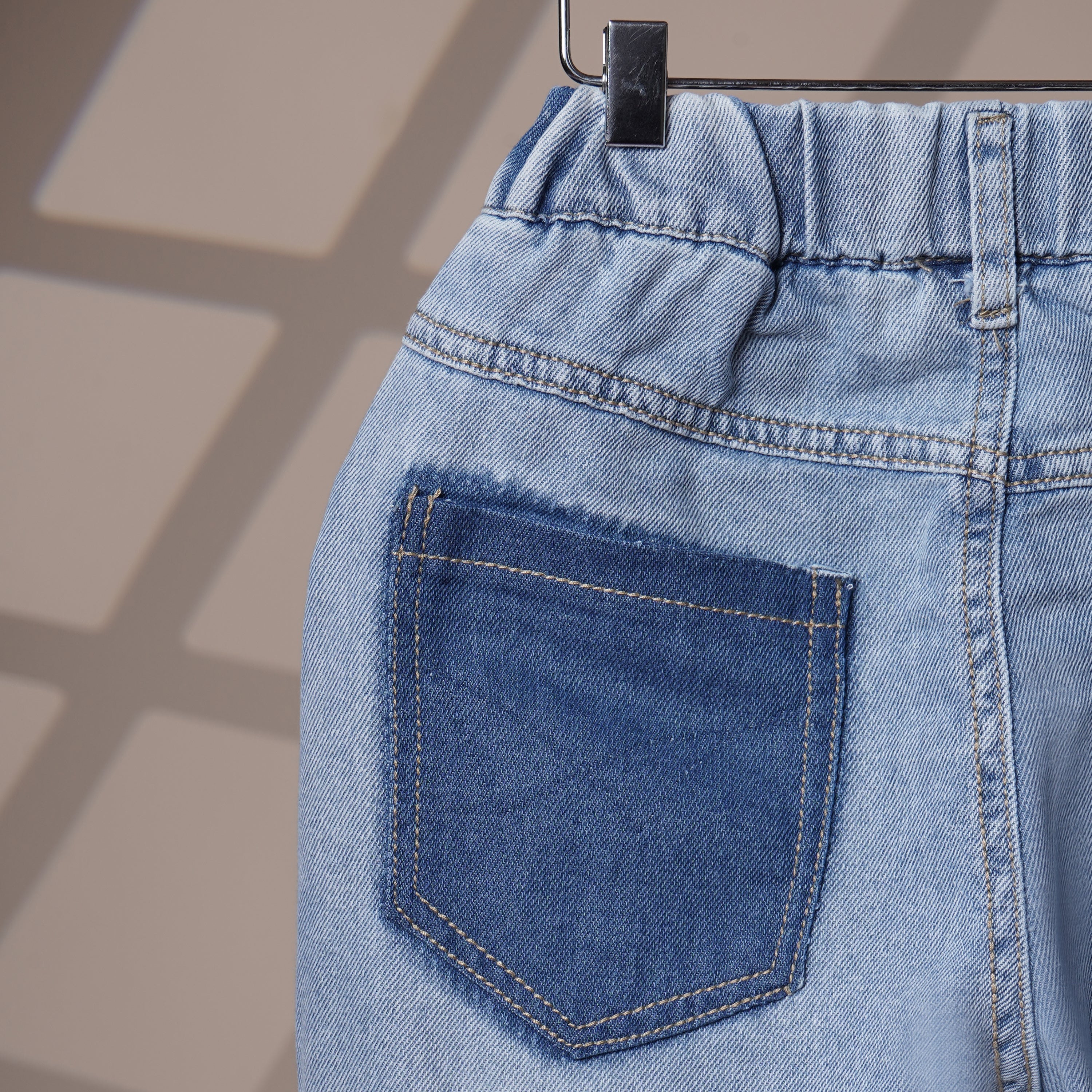 Mom N Genie Boy's Light Blue Distressed Denim Jeans with Printed Detail & Contrast Back Pocket