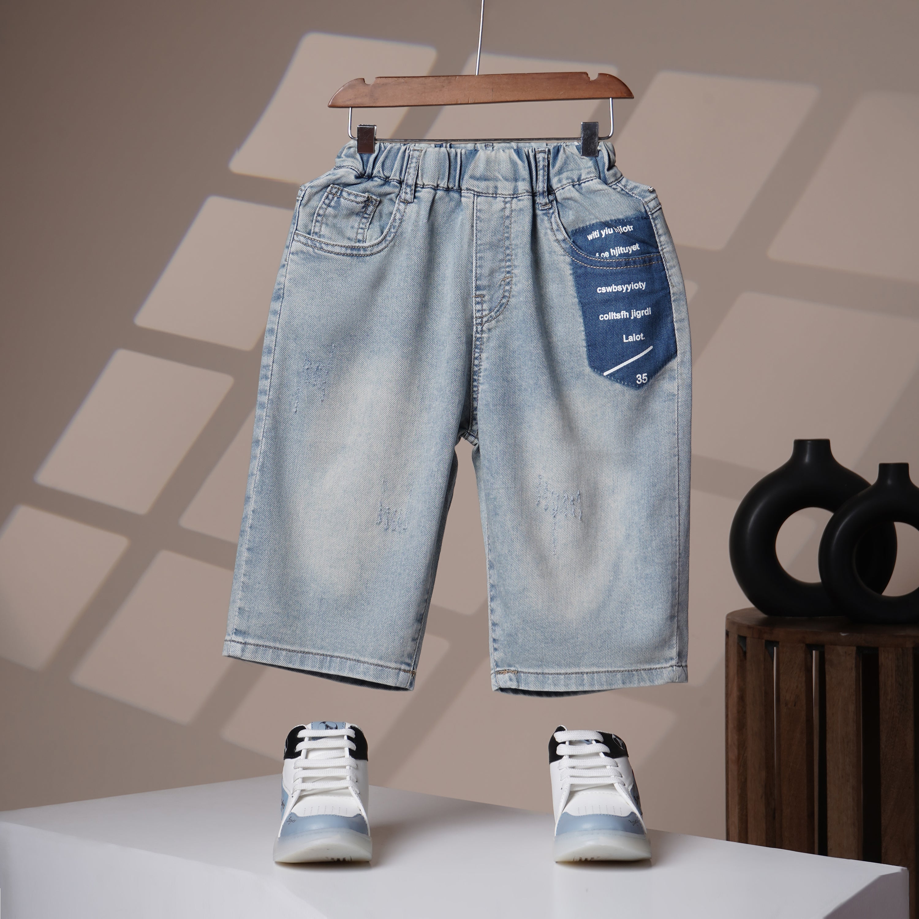 Mom N Genie Boy's Trendy Distressed Denim Shorts with Unique Pocket Design