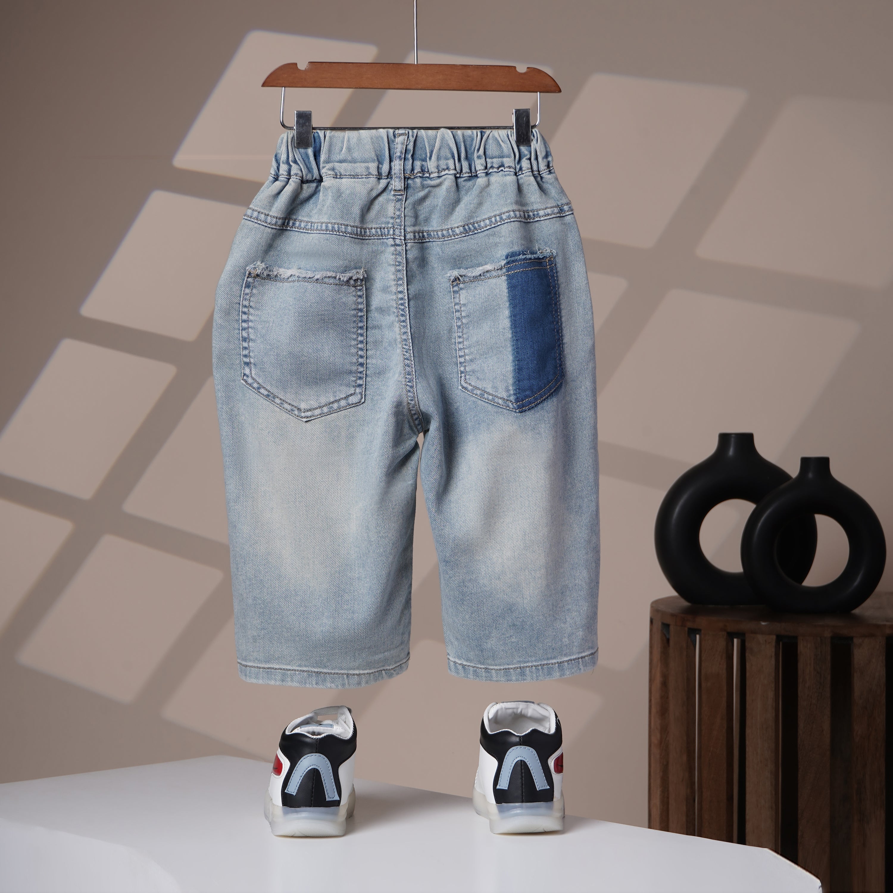 Mom N Genie Boy's Trendy Distressed Denim Shorts with Unique Pocket Design