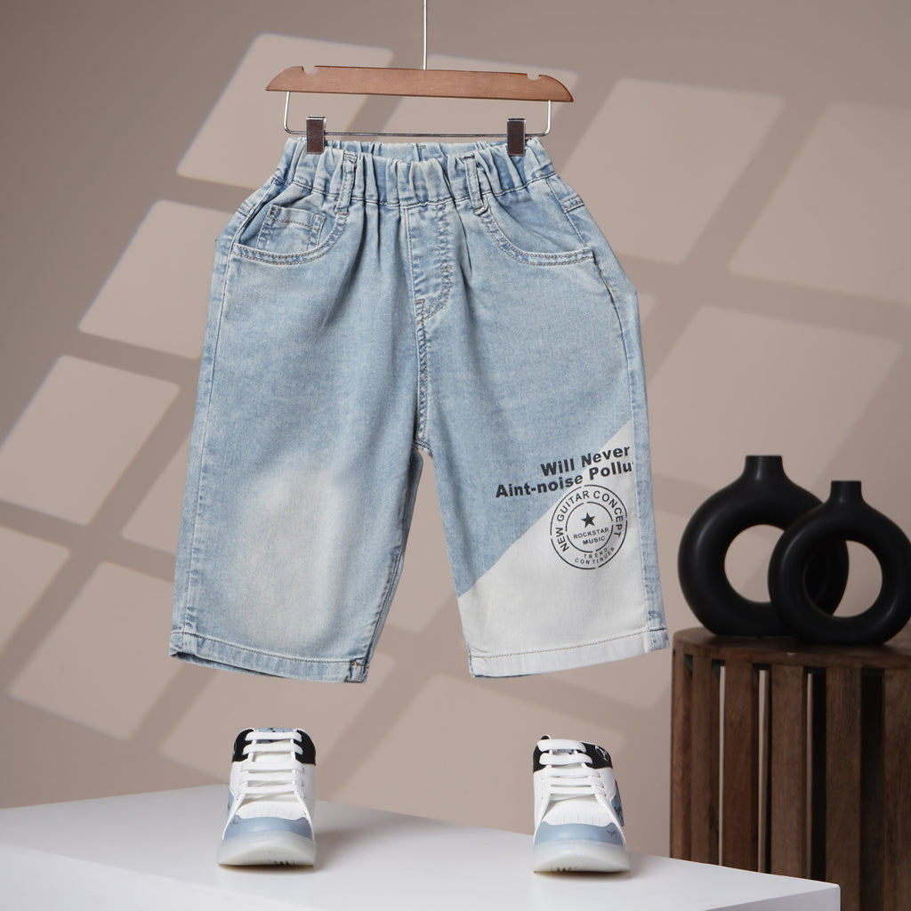 Mom N Genie Boys’ Light Blue Denim Knee-Length Shorts with Printed Design