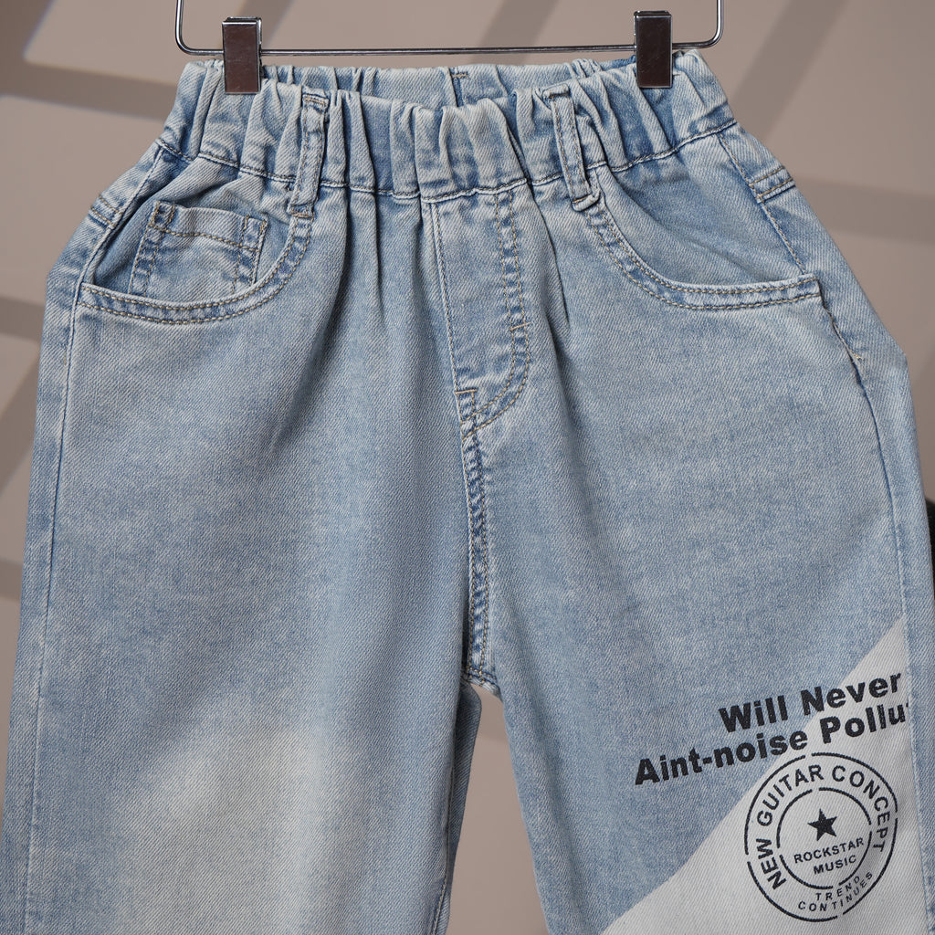 Mom N Genie Boys’ Light Blue Denim Knee-Length Shorts with Printed Design