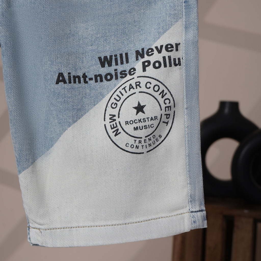 Mom N Genie Boys’ Light Blue Denim Knee-Length Shorts with Printed Design