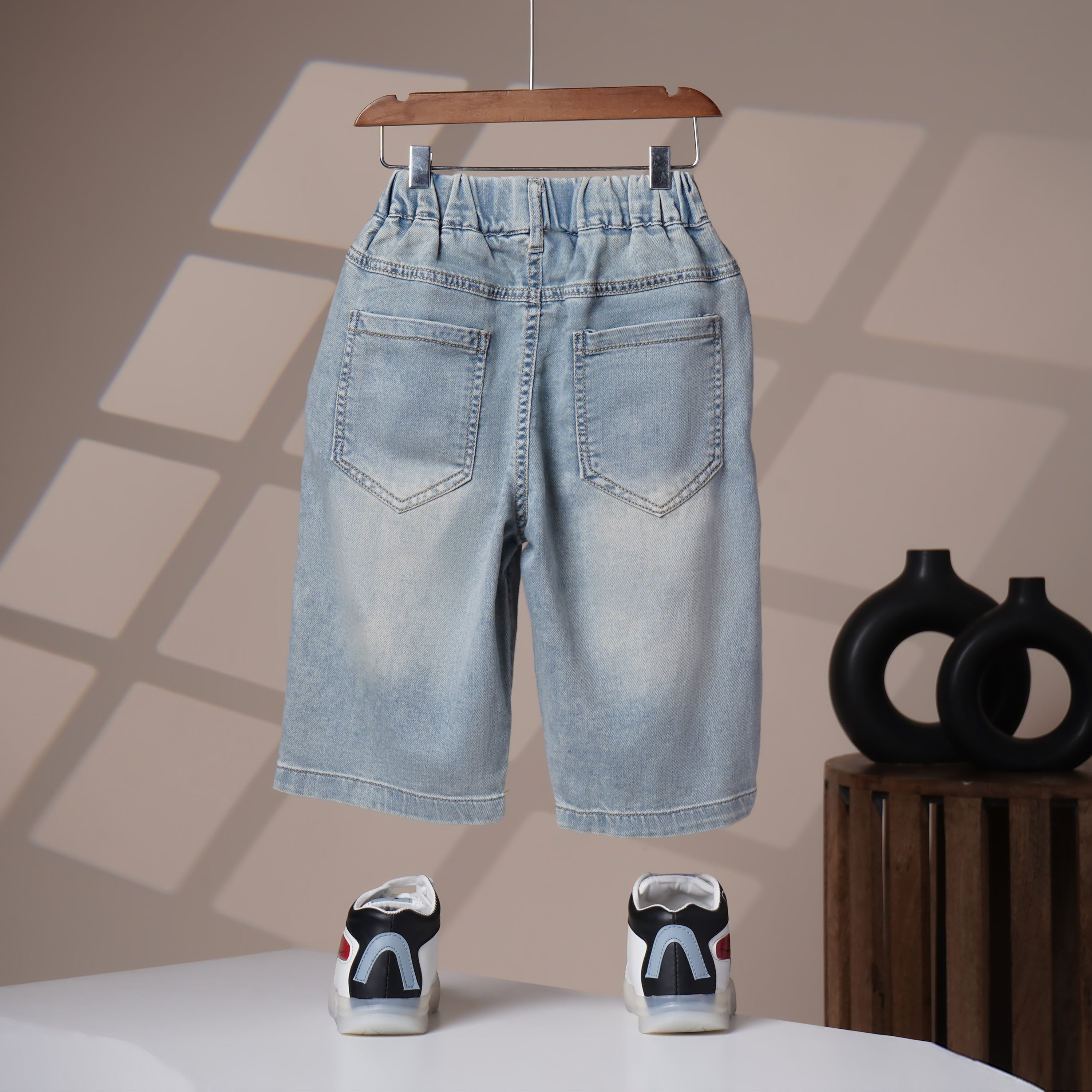 Mom N Genie Boys’ Light Blue Denim Knee-Length Shorts with Printed Design