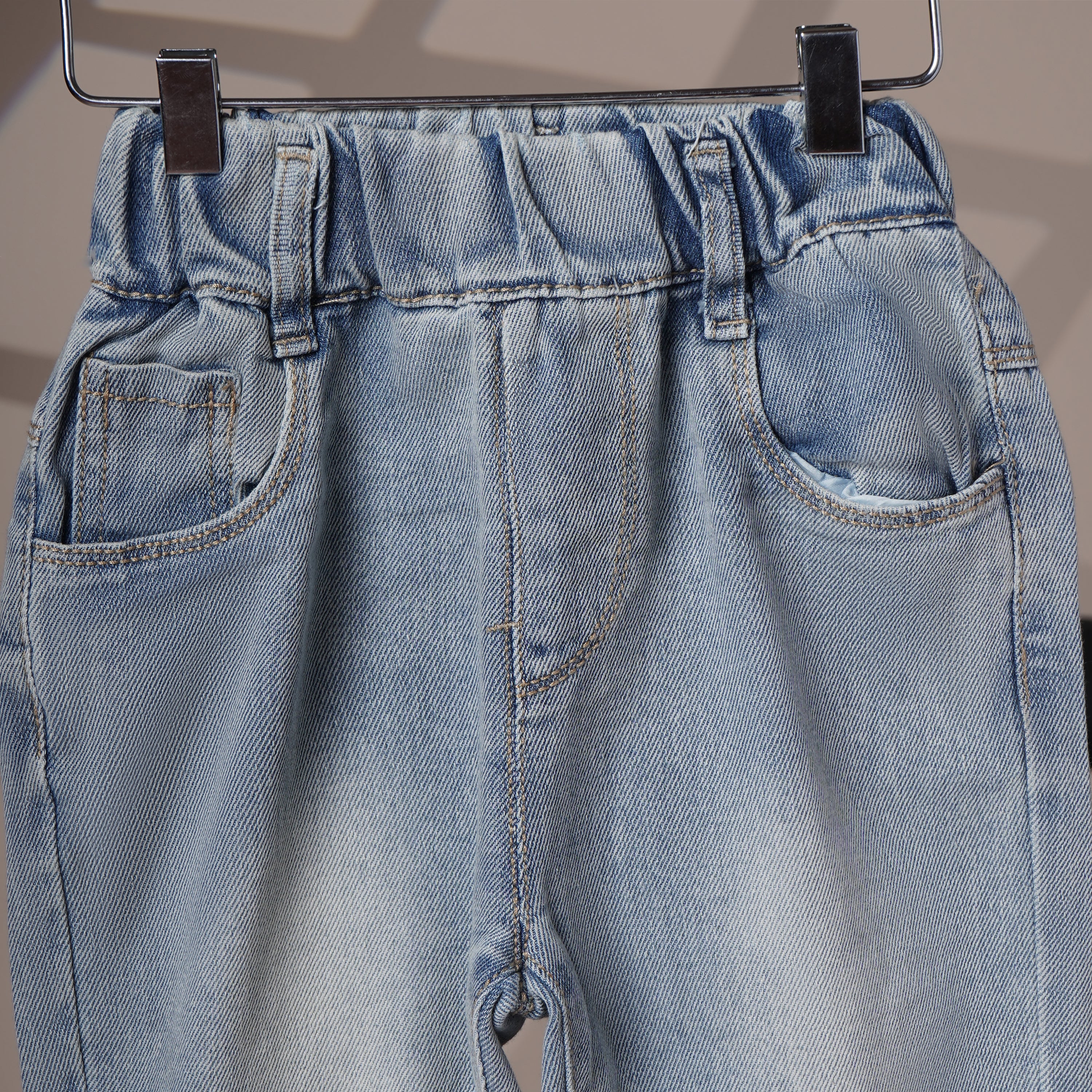 Mom N Genie Kids Light-Wash Denim Jeans with Retro Cartoon Back Patch — Elastic Waist, Casual Fit