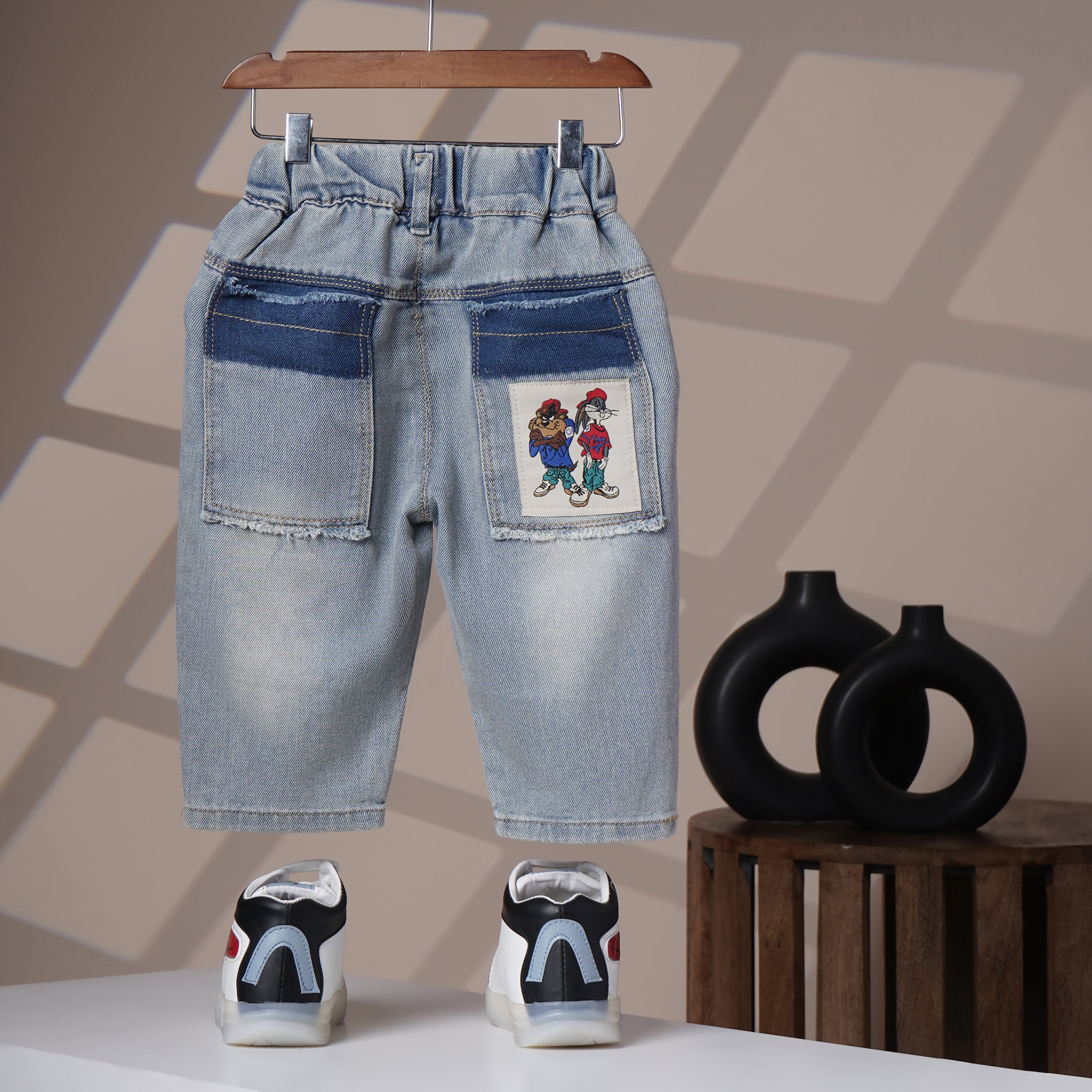Mom N Genie Kids Light-Wash Denim Jeans with Retro Cartoon Back Patch — Elastic Waist, Casual Fit
