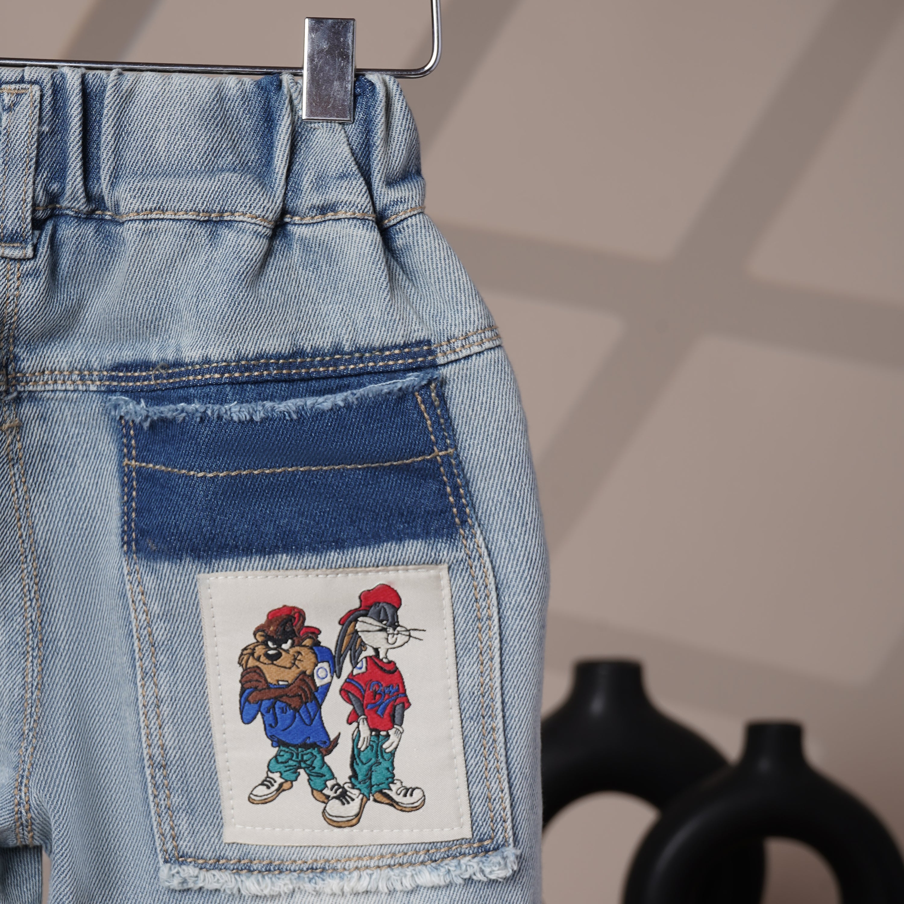 Mom N Genie Kids Light-Wash Denim Jeans with Retro Cartoon Back Patch — Elastic Waist, Casual Fit
