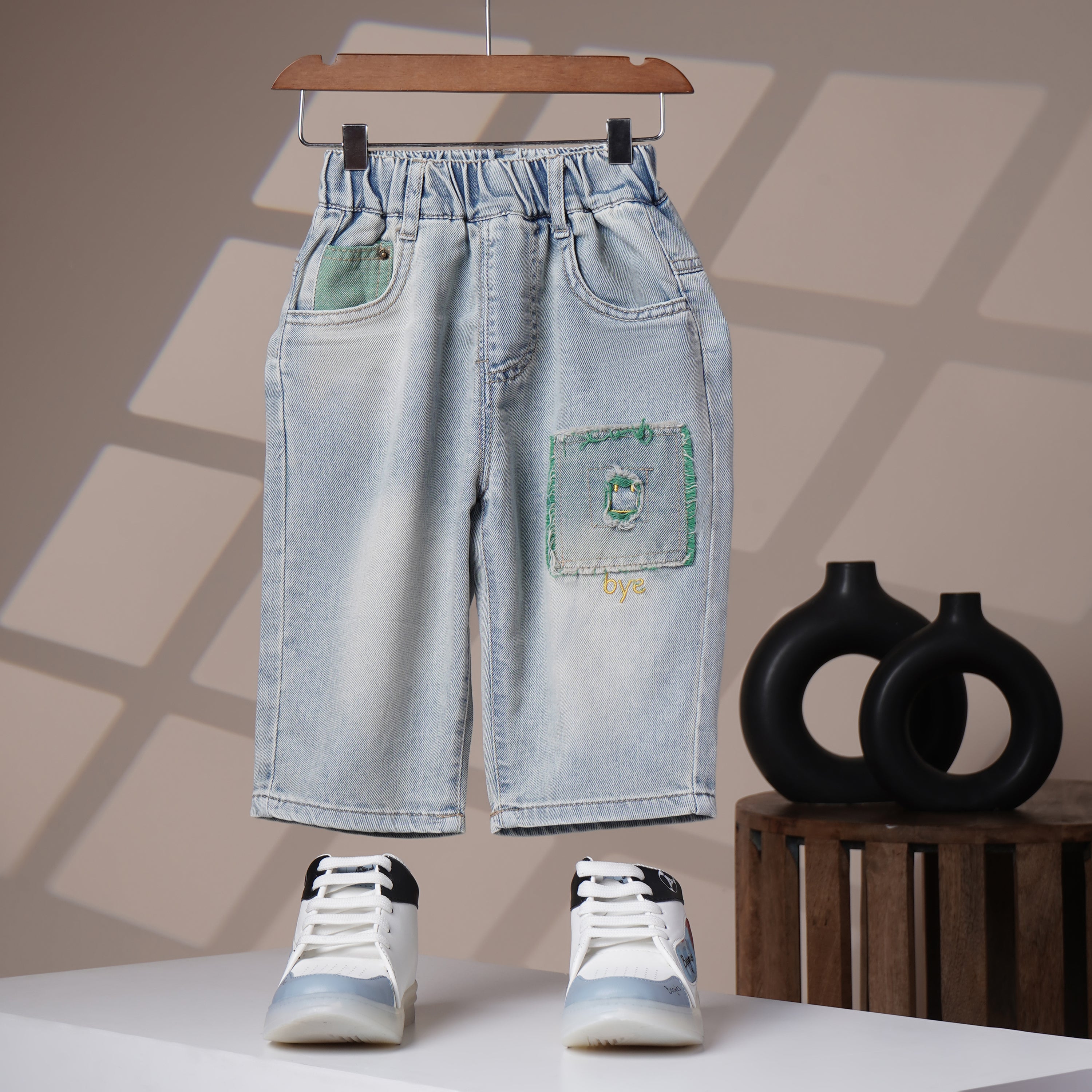 Mom N Genie Kids Light-Wash Denim Pants with Green Patch Detail — Elastic Waist, Casual Fit