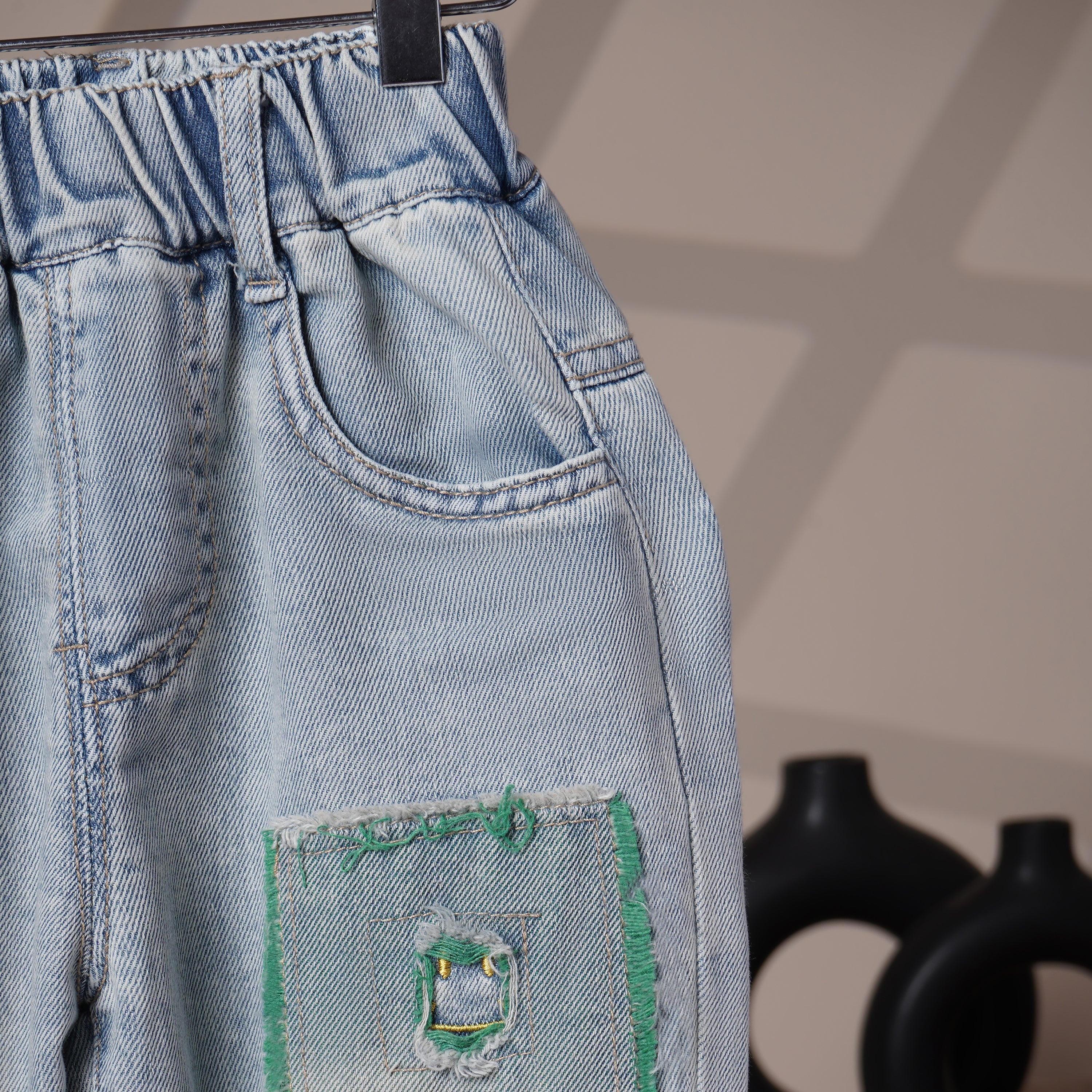 Mom N Genie Kids Light-Wash Denim Pants with Green Patch Detail — Elastic Waist, Casual Fit