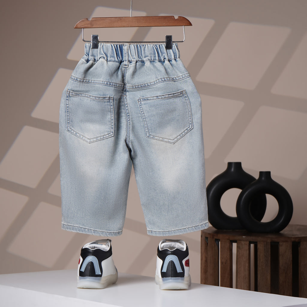 Mom N Genie Kids Light-Wash Denim Pants with Green Patch Detail — Elastic Waist, Casual Fit