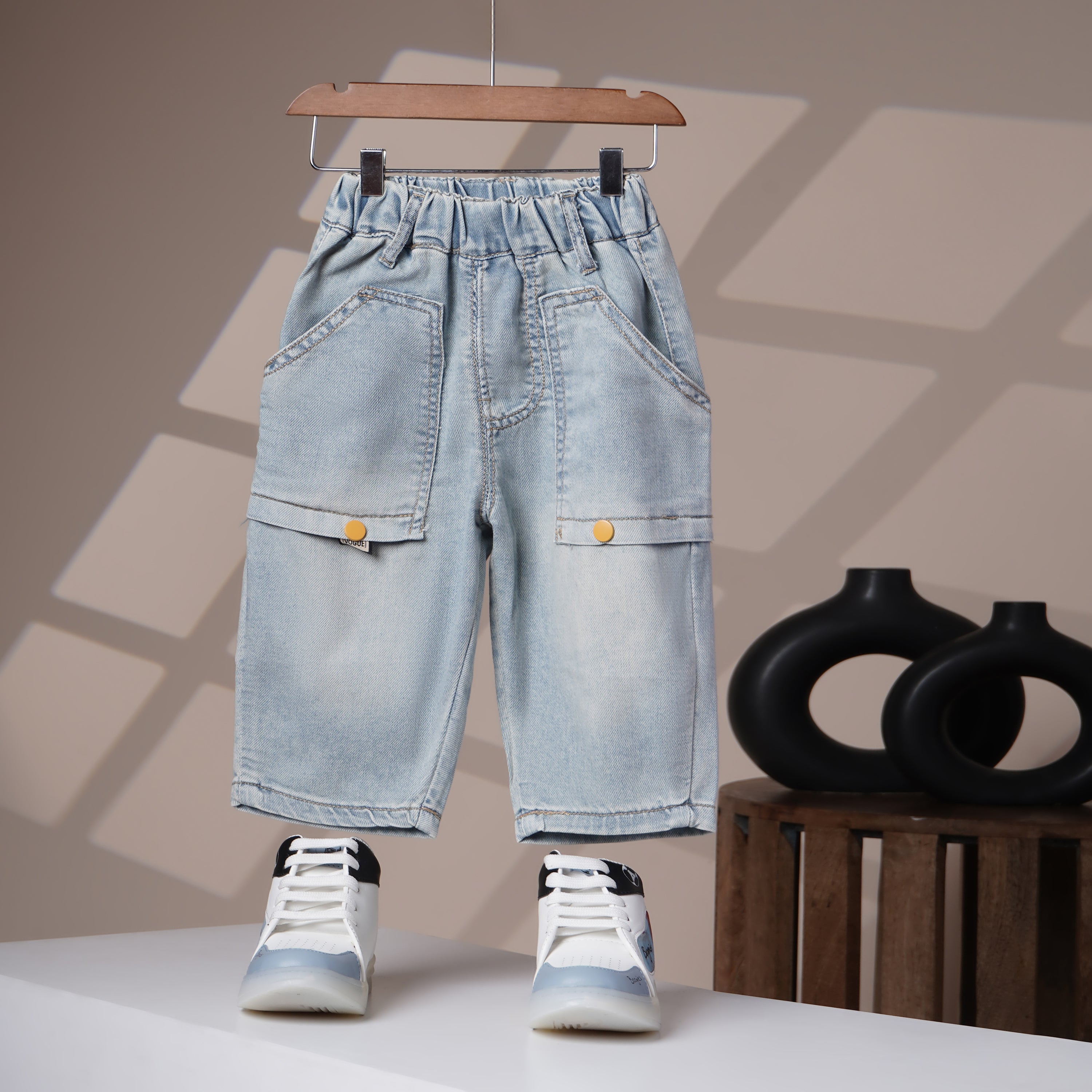 Mom N Genie Kids Light-Wash Denim Cargo Pants with Elastic Waist & Yellow Snap Pockets