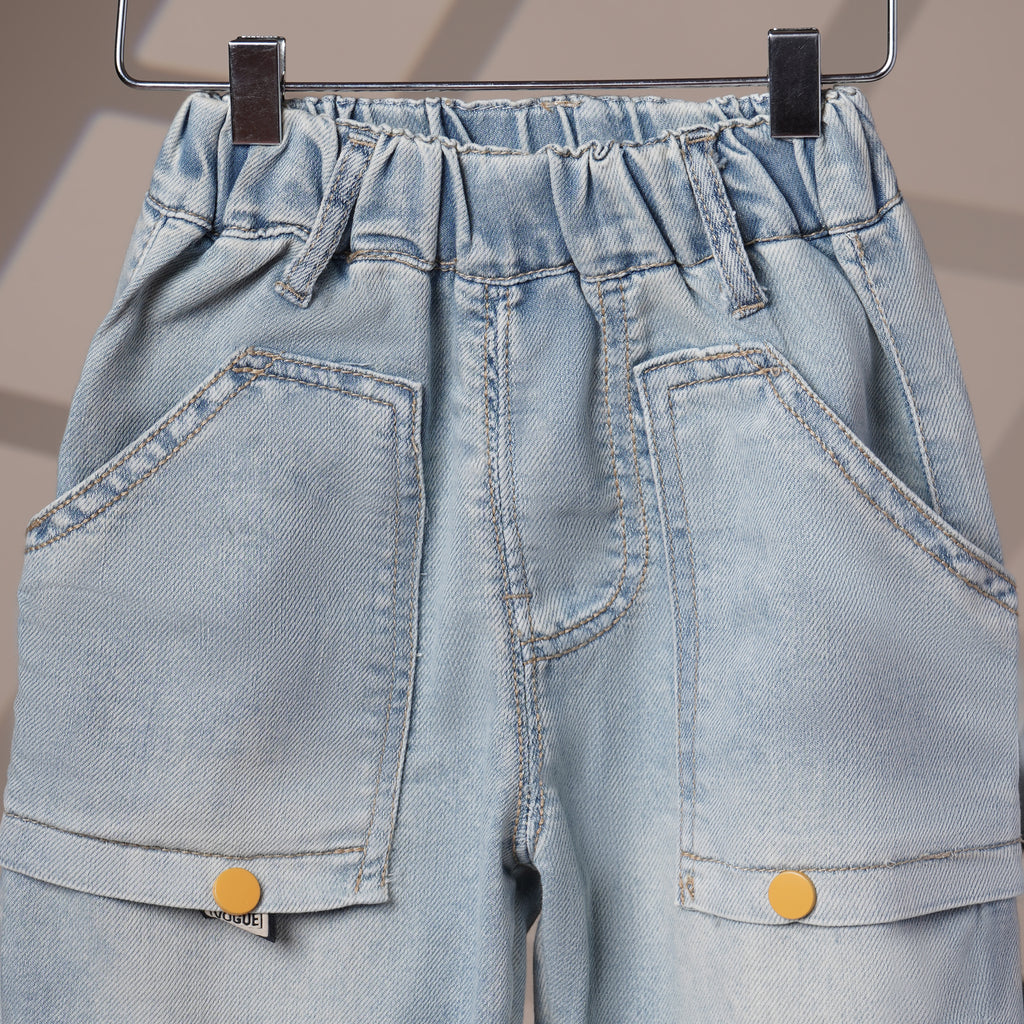 Mom N Genie Kids Light-Wash Denim Cargo Pants with Elastic Waist & Yellow Snap Pockets