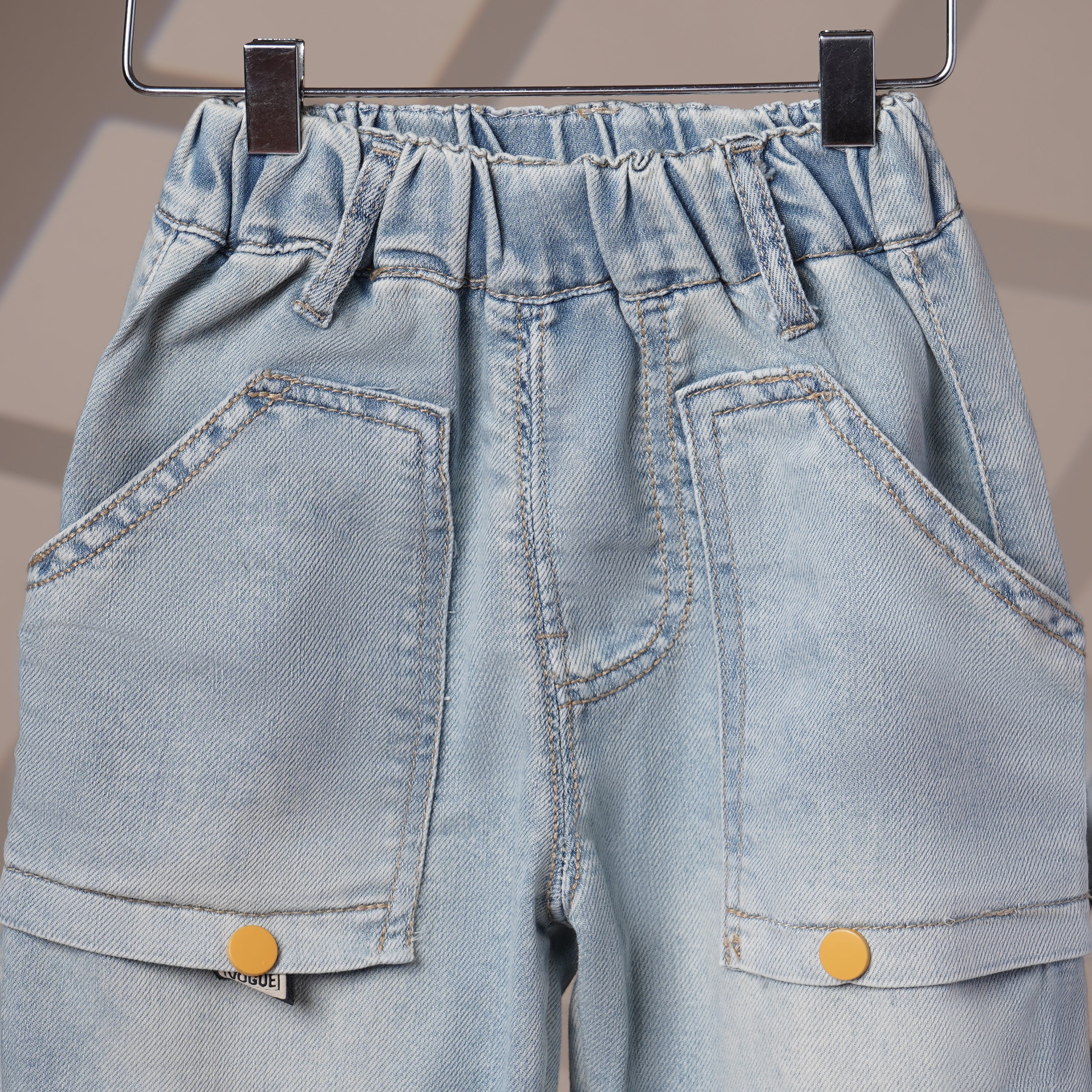 Mom N Genie Kids Light-Wash Denim Cargo Pants with Elastic Waist & Yellow Snap Pockets