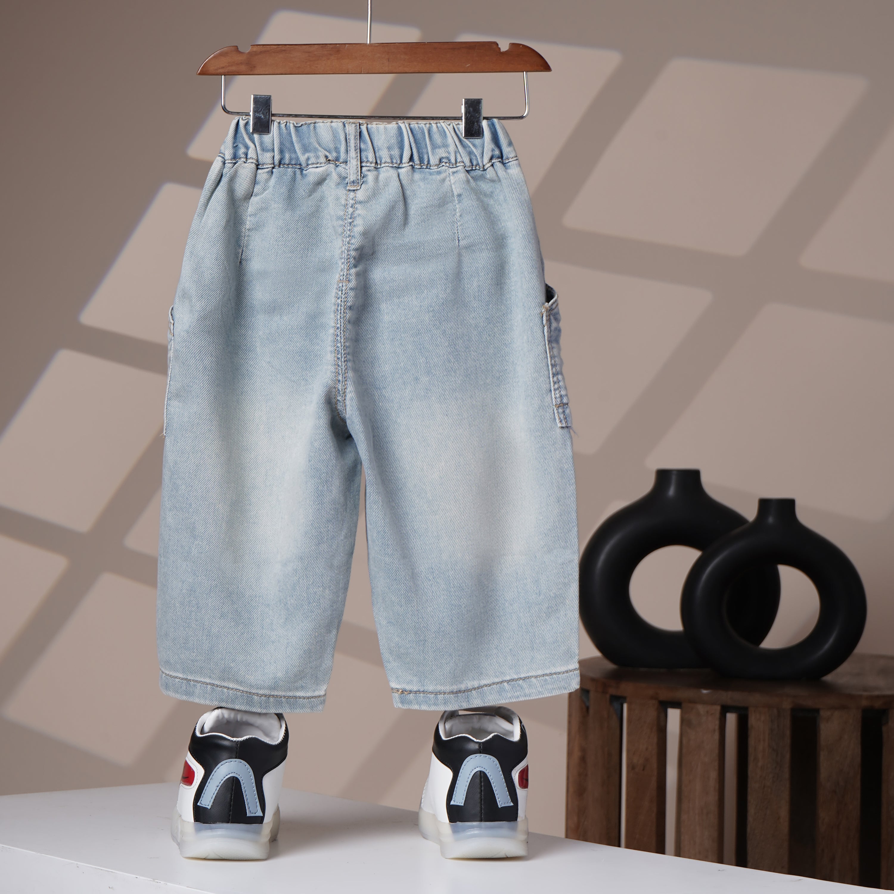 Mom N Genie Kids Light-Wash Denim Cargo Pants with Elastic Waist & Yellow Snap Pockets