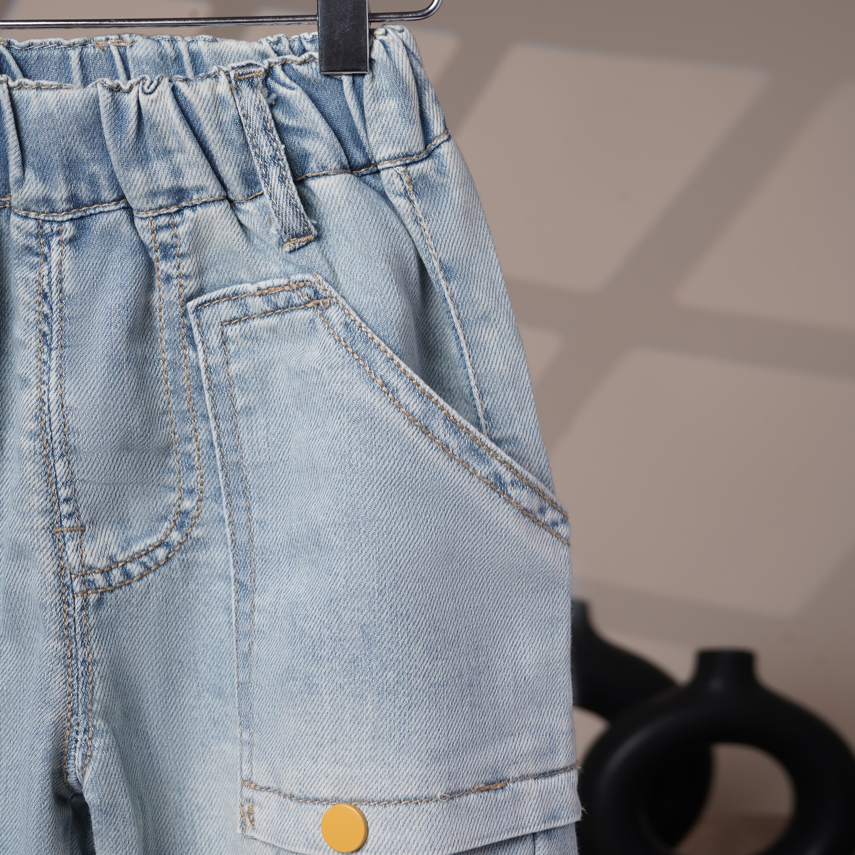 Mom N Genie Kids Light-Wash Denim Cargo Pants with Elastic Waist & Yellow Snap Pockets