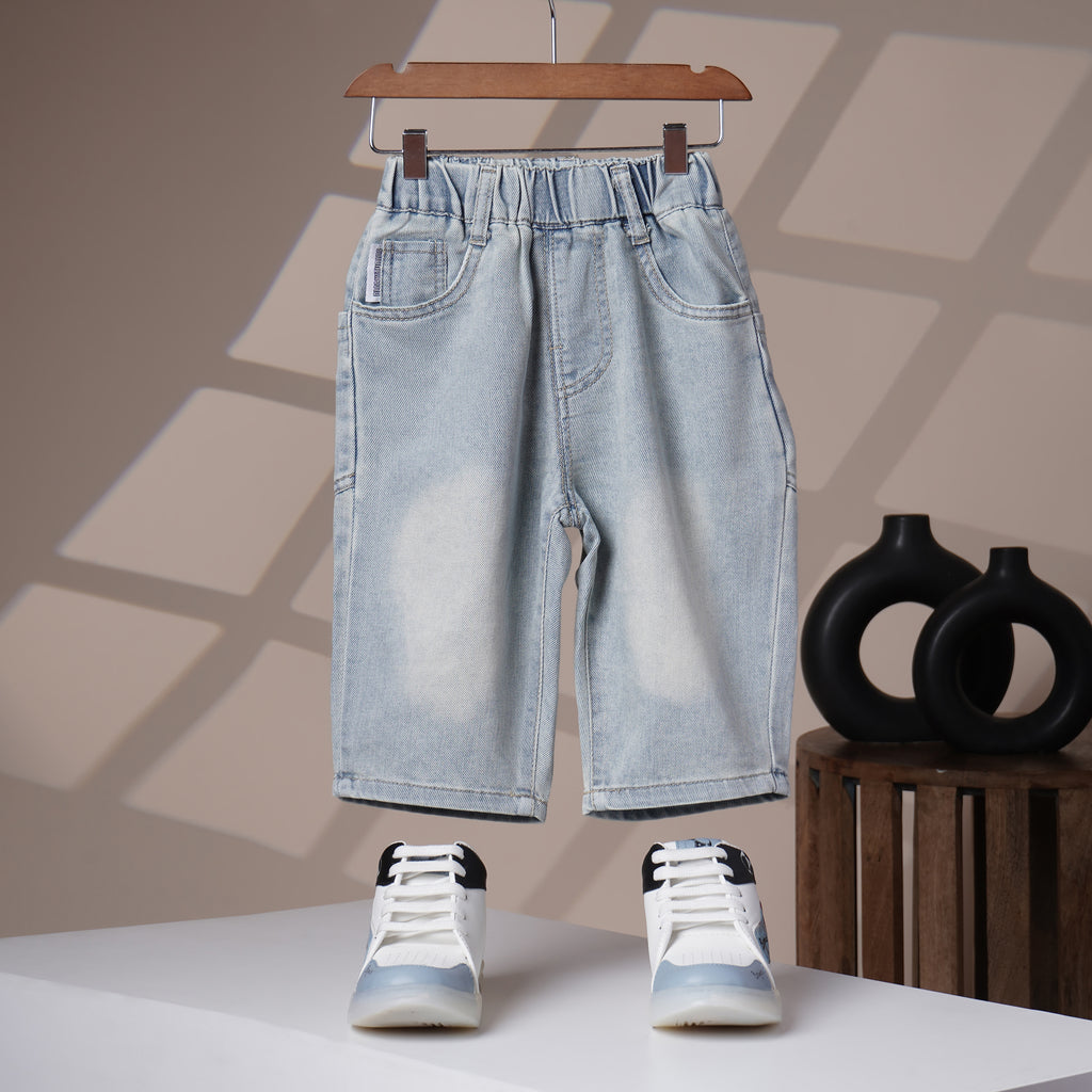 Mom N Genie Kids Light-Wash Denim Jeans with Teal Embroidered Back Detail — Elastic Waist