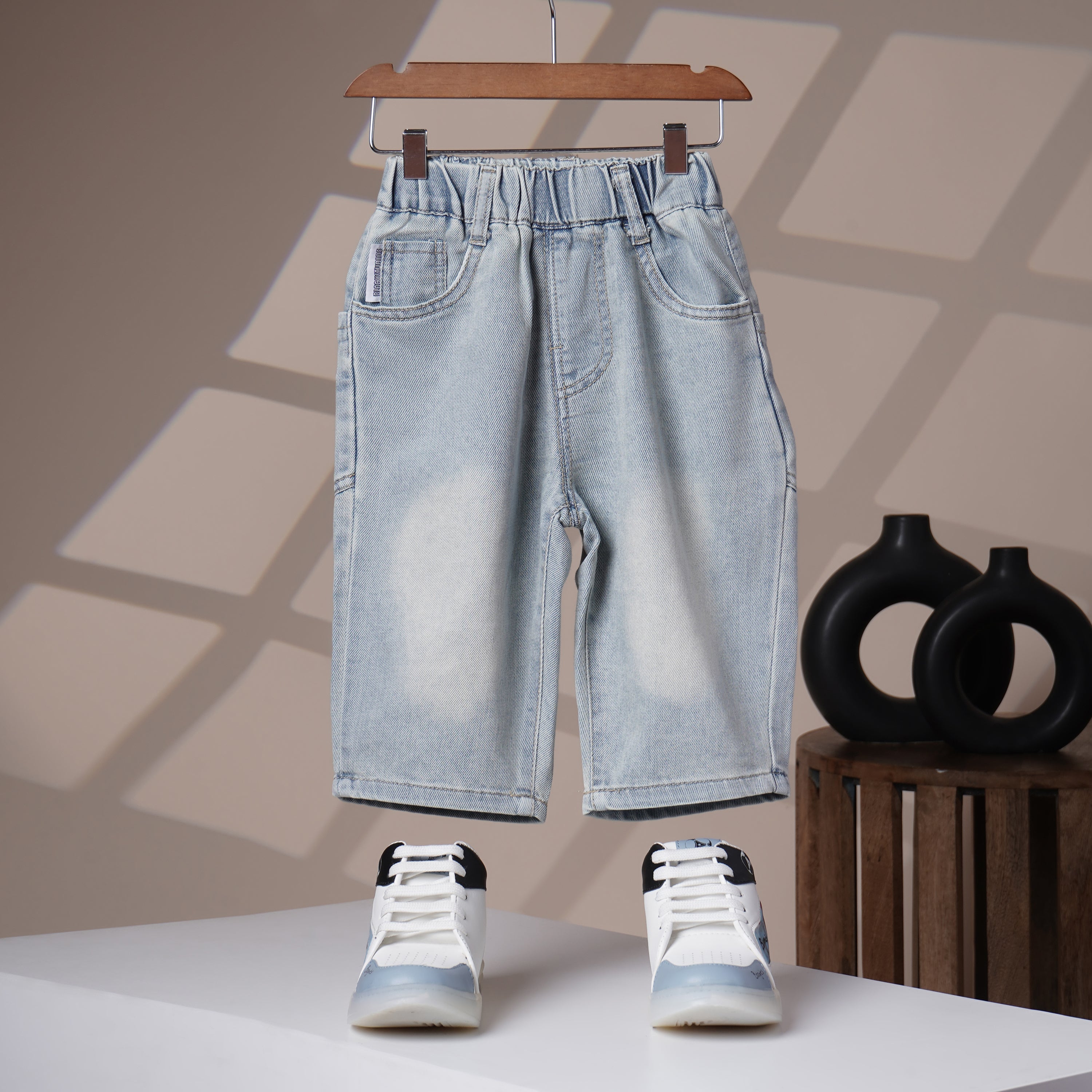 Mom N Genie Kids Light-Wash Denim Jeans with Teal Embroidered Back Detail — Elastic Waist