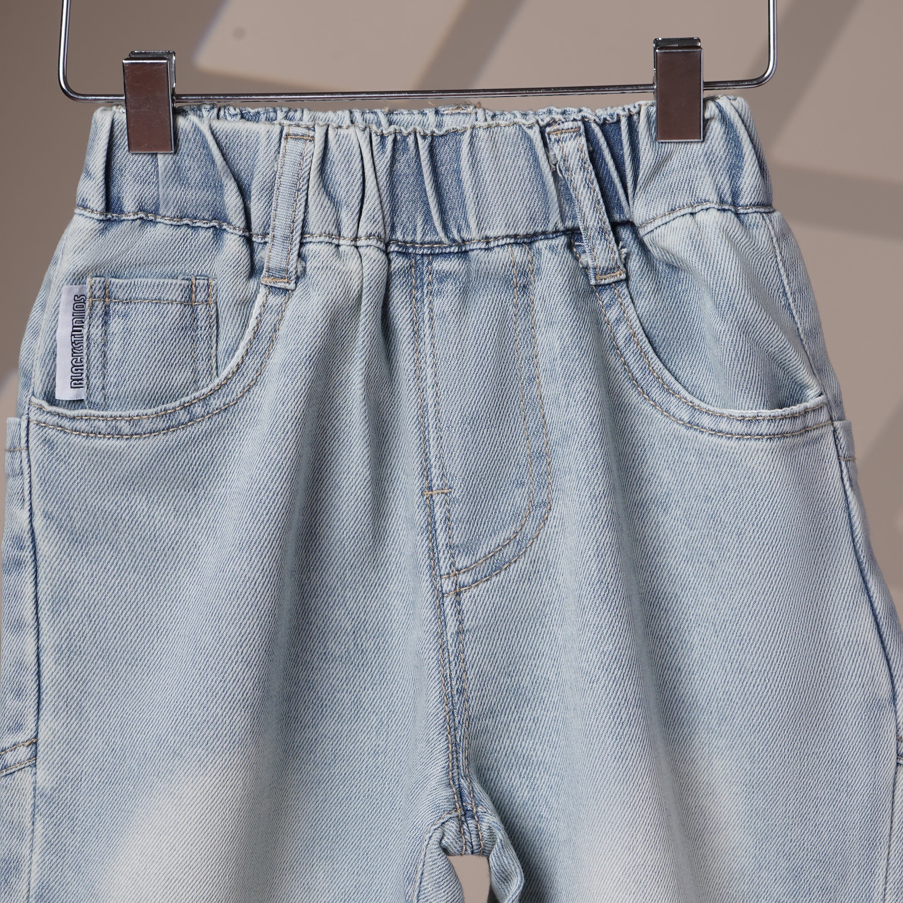 Mom N Genie Kids Light-Wash Denim Jeans with Teal Embroidered Back Detail — Elastic Waist
