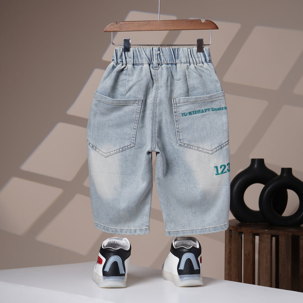 Mom N Genie Kids Light-Wash Denim Jeans with Teal Embroidered Back Detail — Elastic Waist