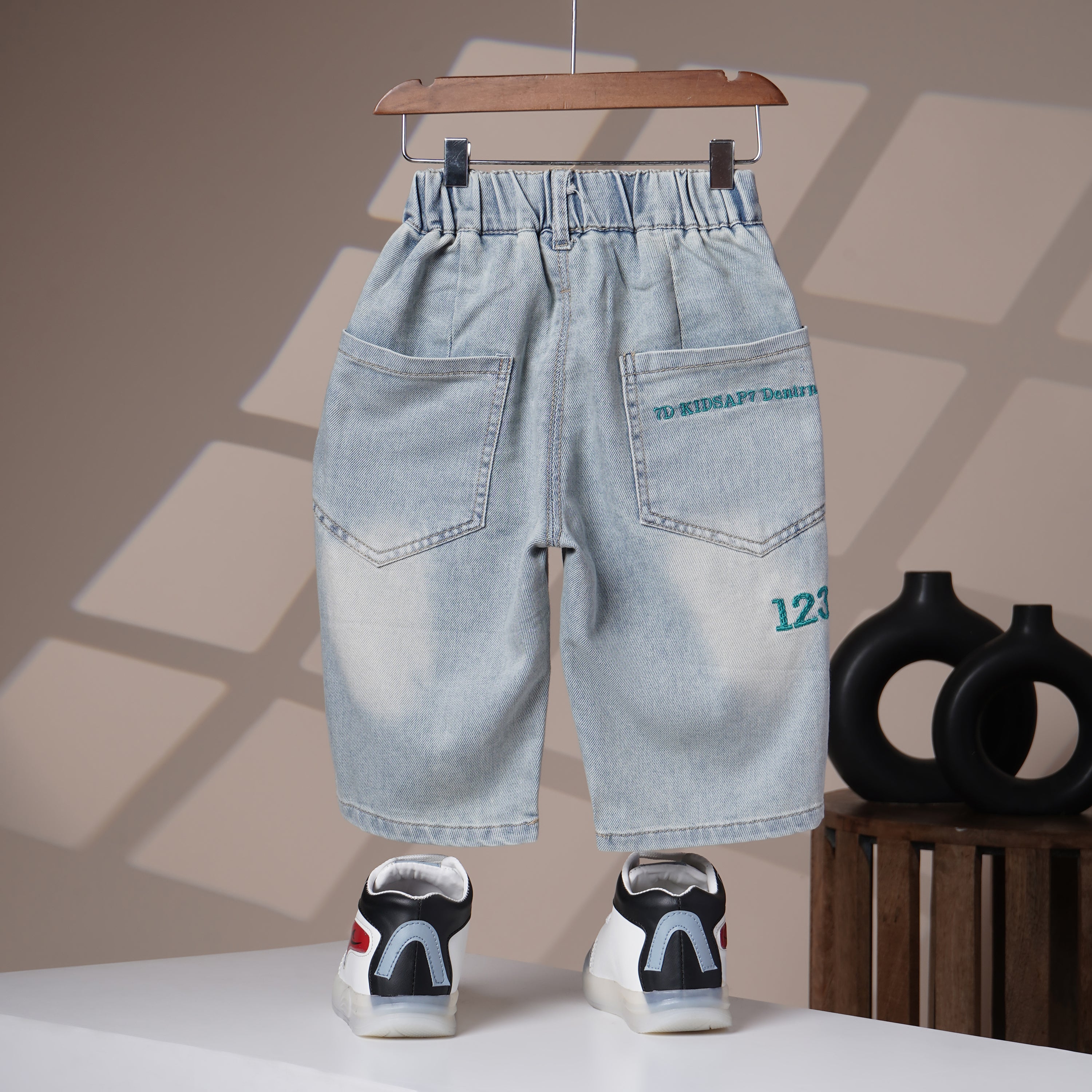 Mom N Genie Kids Light-Wash Denim Jeans with Teal Embroidered Back Detail — Elastic Waist
