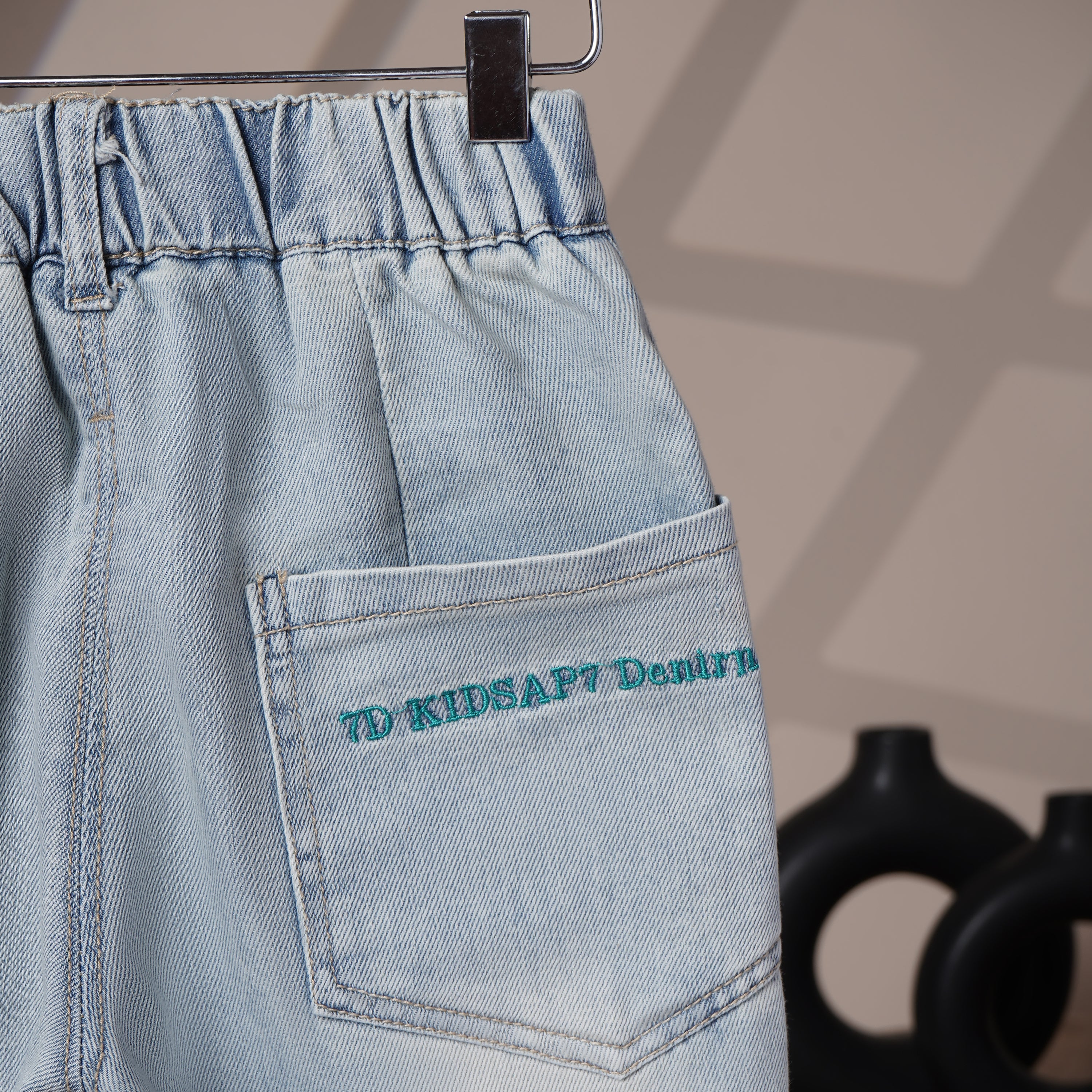 Mom N Genie Kids Light-Wash Denim Jeans with Teal Embroidered Back Detail — Elastic Waist