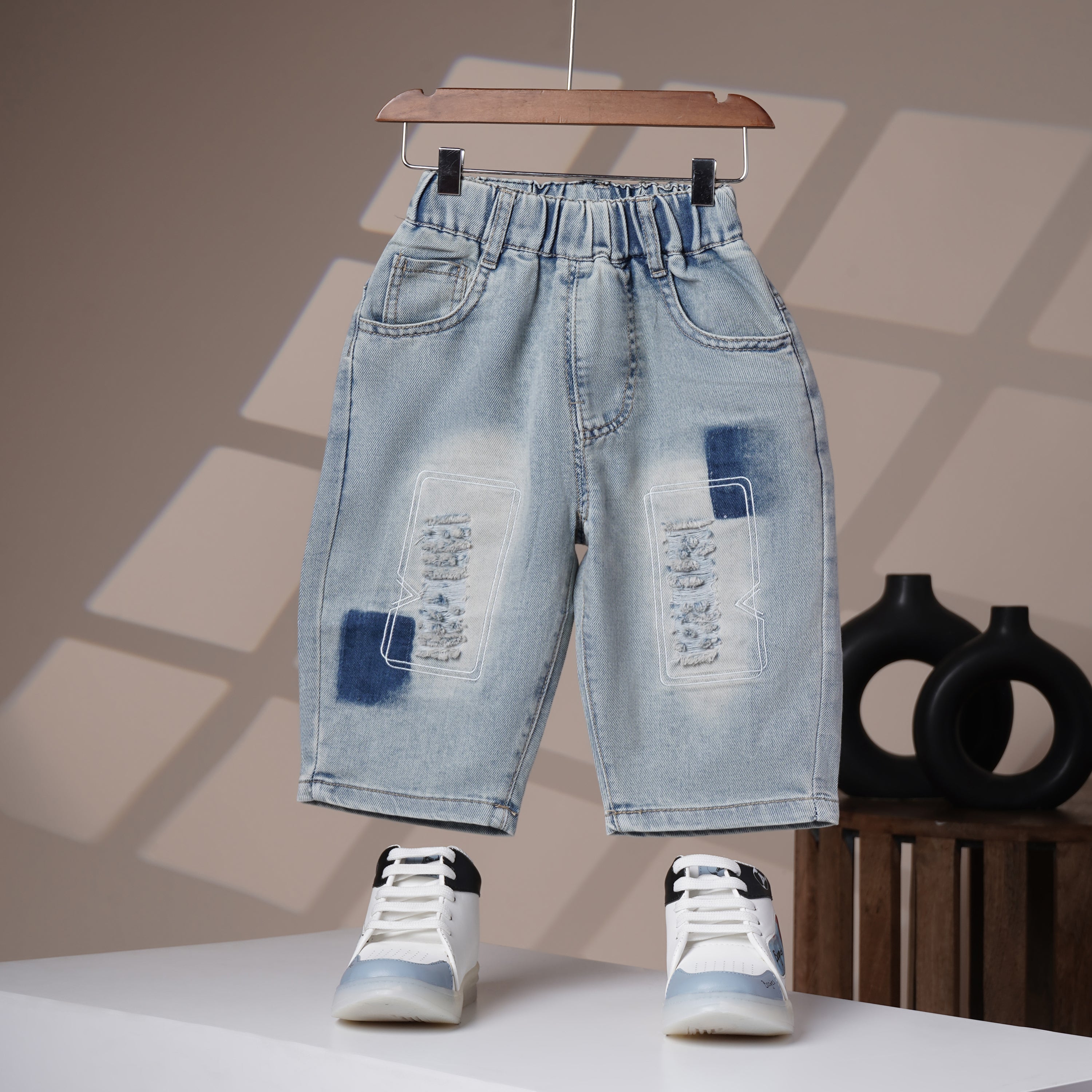 Mom N Genie Light-Wash Distressed Kids’ Denim Shorts — Elastic Waist & Patch Detail