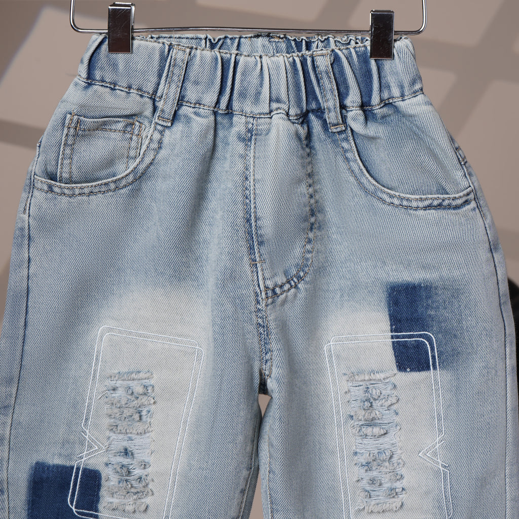 Mom N Genie Light-Wash Distressed Kids’ Denim Shorts — Elastic Waist & Patch Detail