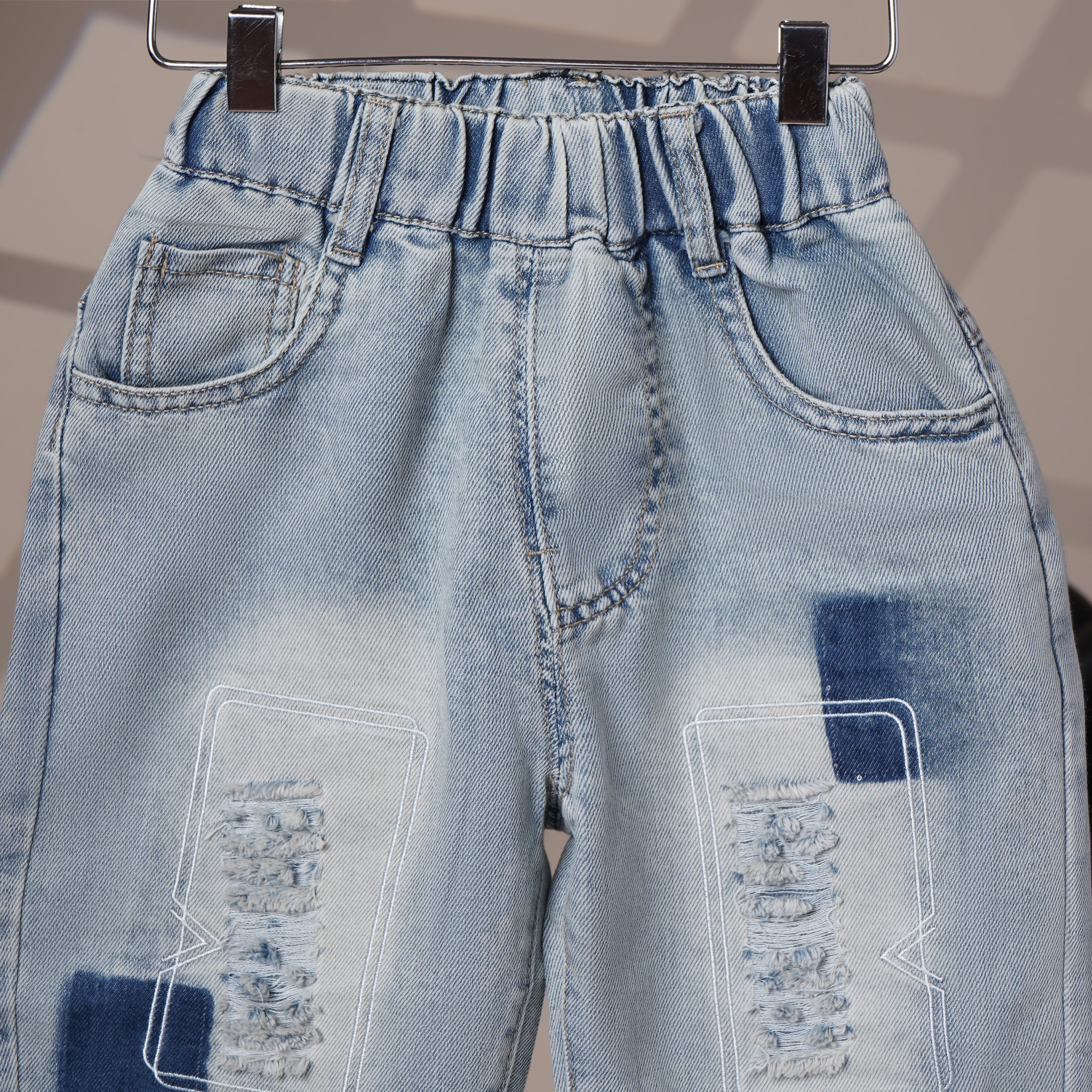 Mom N Genie Light-Wash Distressed Kids’ Denim Shorts — Elastic Waist & Patch Detail
