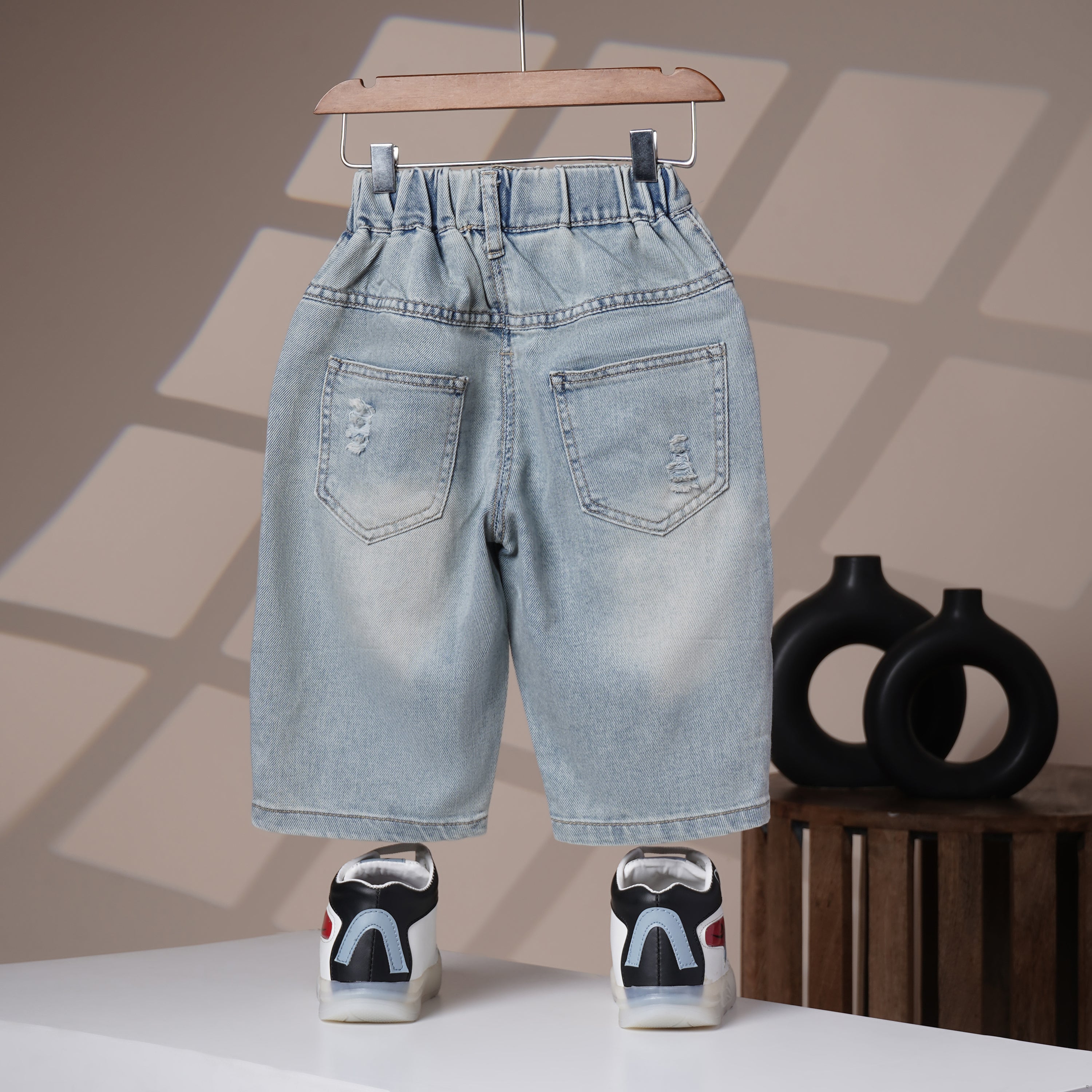 Mom N Genie Light-Wash Distressed Kids’ Denim Shorts — Elastic Waist & Patch Detail
