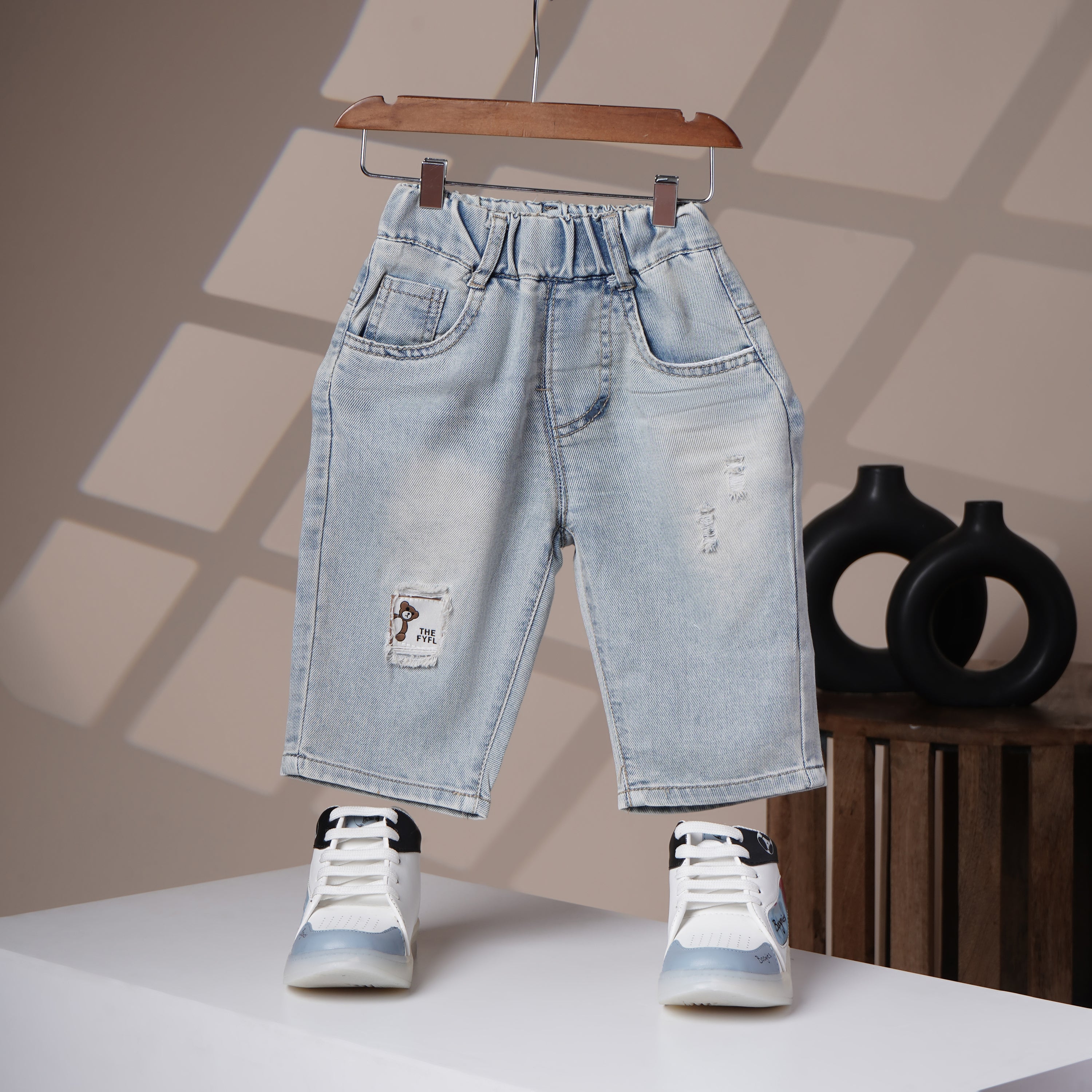 Mom N Genie Kids Light-Wash Elastic Waist Denim Shorts with Distressed & Bear Patch