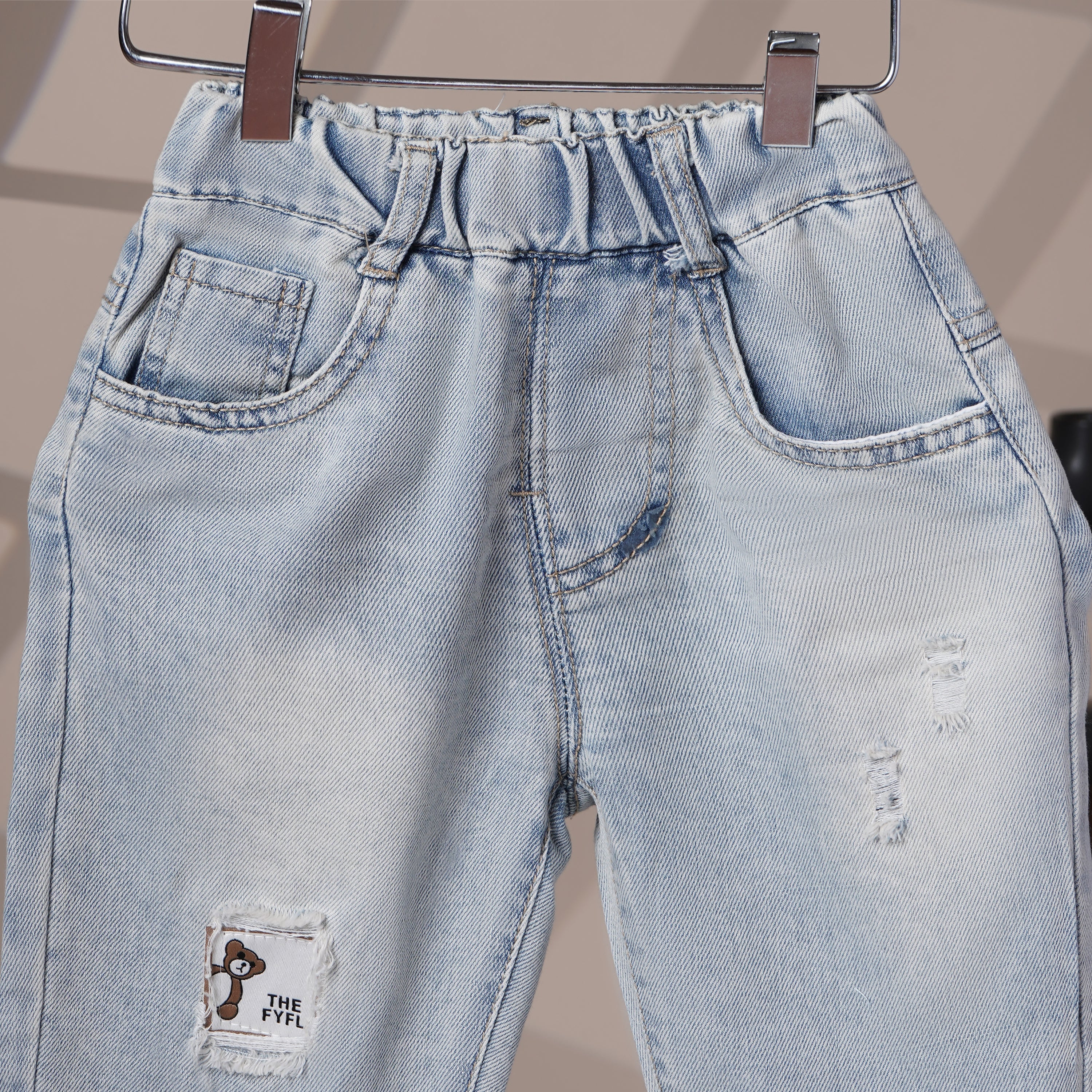 Mom N Genie Kids Light-Wash Elastic Waist Denim Shorts with Distressed & Bear Patch