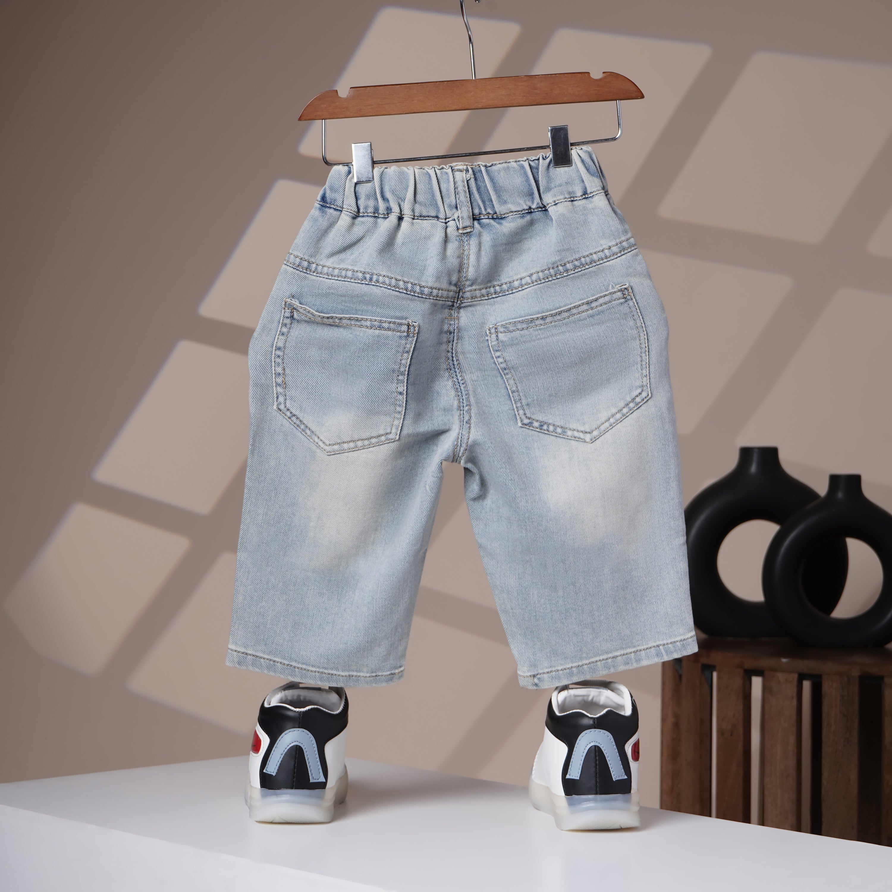Mom N Genie Kids Light-Wash Elastic Waist Denim Shorts with Distressed & Bear Patch
