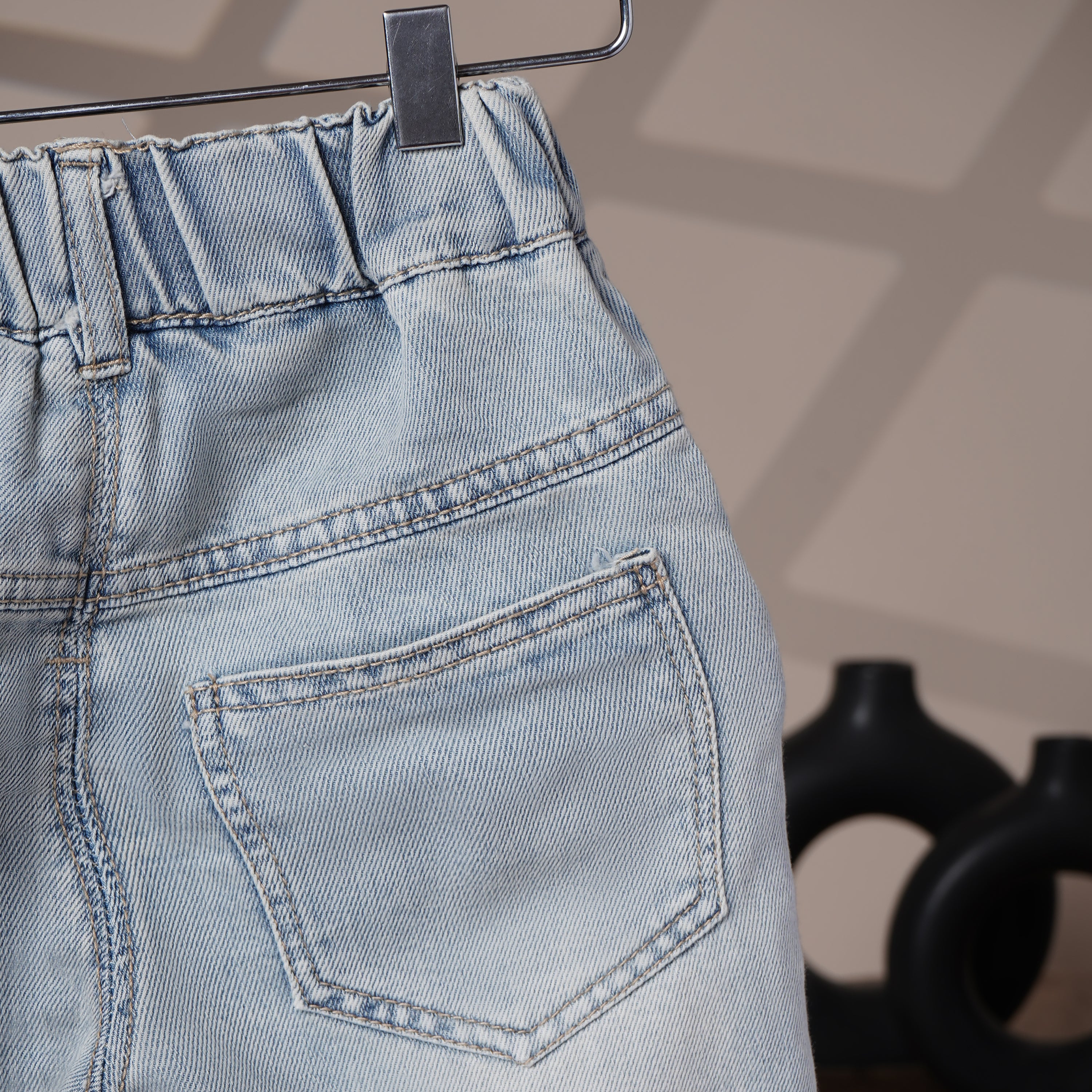 Mom N Genie Kids Light-Wash Elastic Waist Denim Shorts with Distressed & Bear Patch