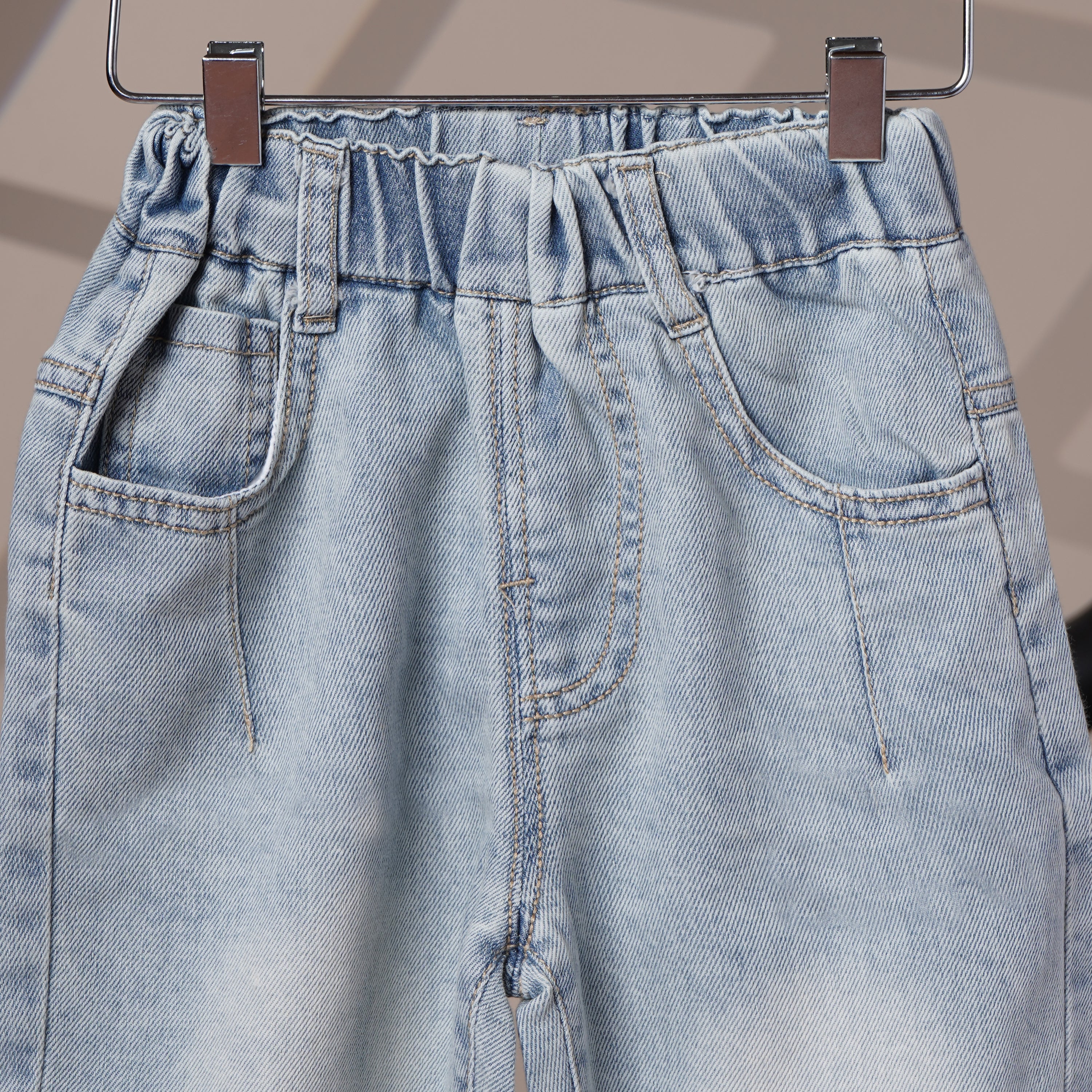 Mom N Genie Kids Light-Wash Elastic Waist Denim Pants with Colourful Back-Pocket Embroidery