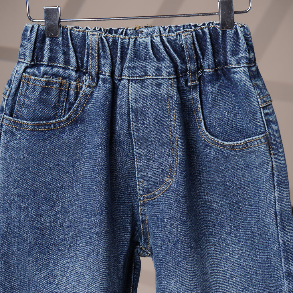 Mom N Genie Kids Dark-Wash Elastic Waist Tapered Denim Pants with Back Patch