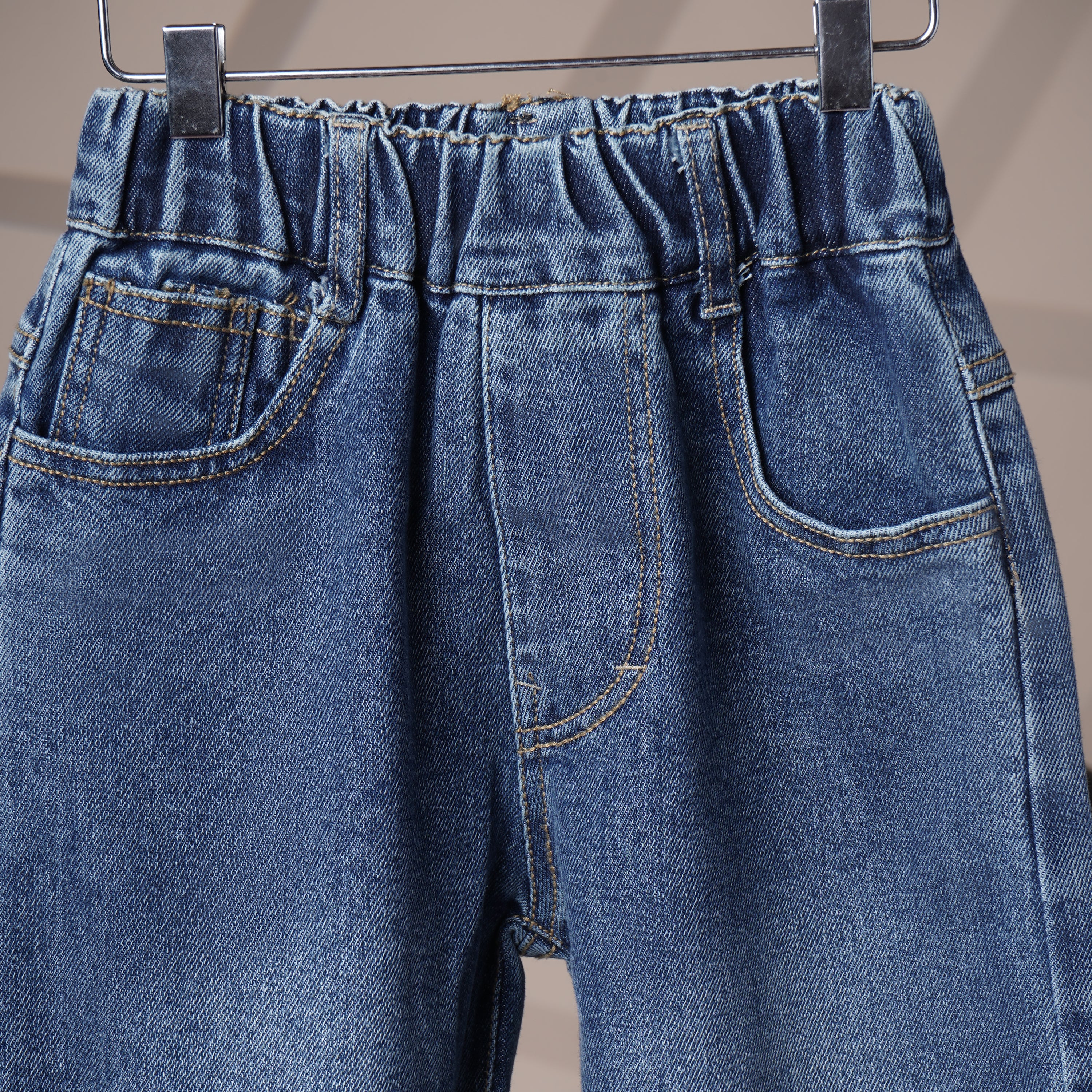 Mom N Genie Kids Dark-Wash Elastic Waist Tapered Denim Pants with Back Patch