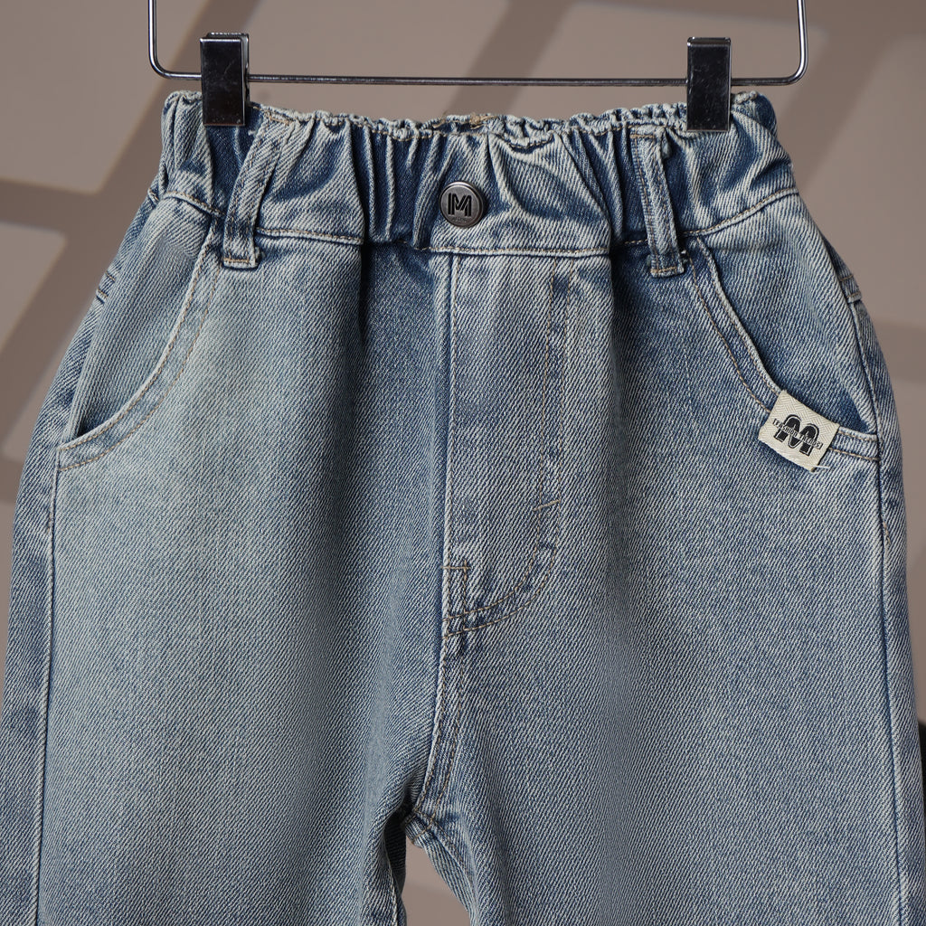 Mom N Genie Kids Light-Wash Elastic Waist Denim Pants with Character Back Patch