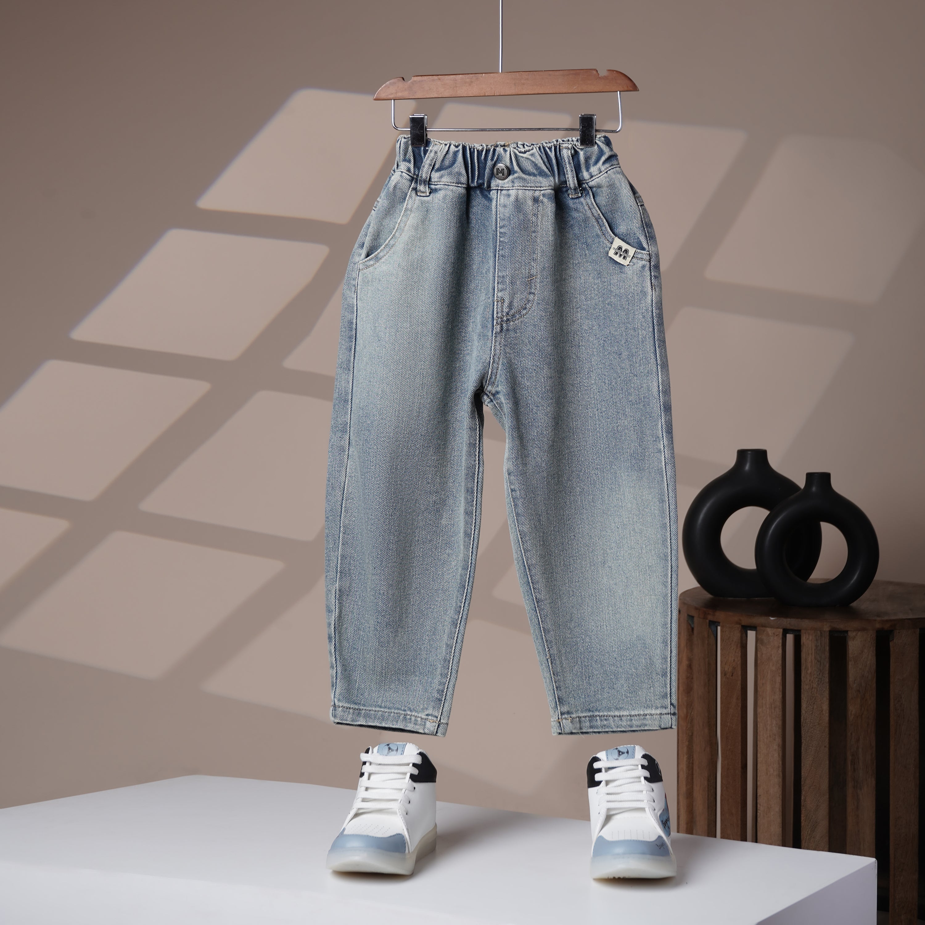 Mom N Genie Kids Light-Wash Elastic Waist Denim Pants with Character Back Patch