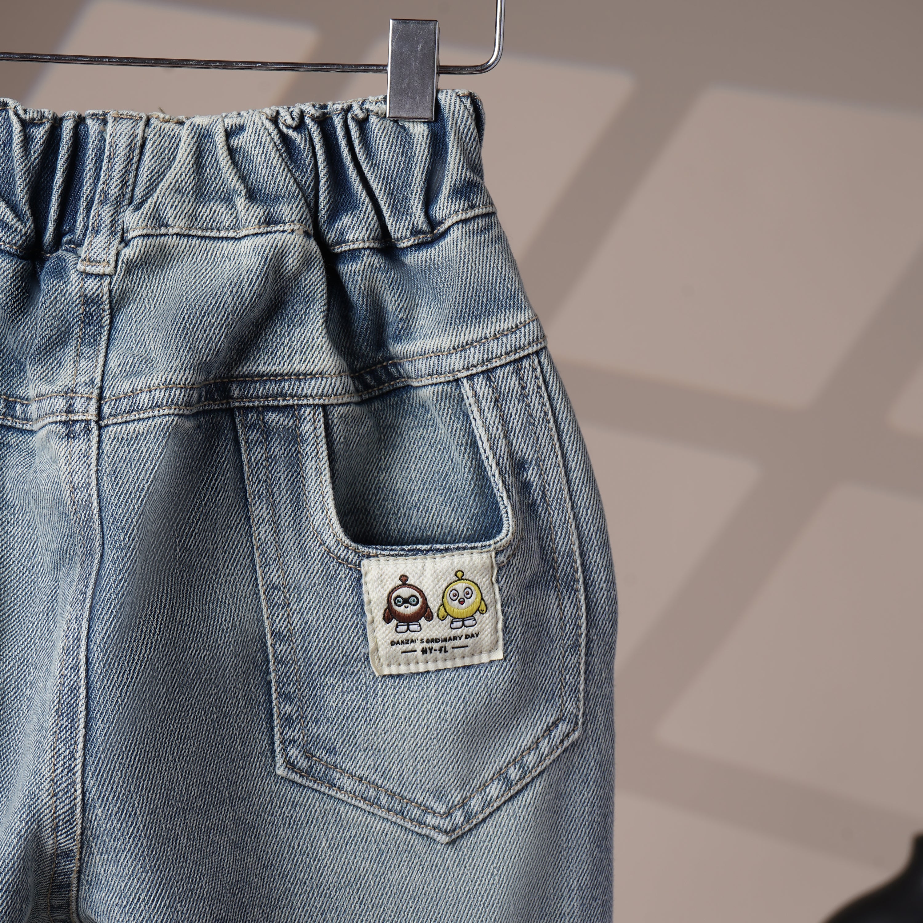 Mom N Genie Kids Light-Wash Elastic Waist Denim Pants with Character Back Patch