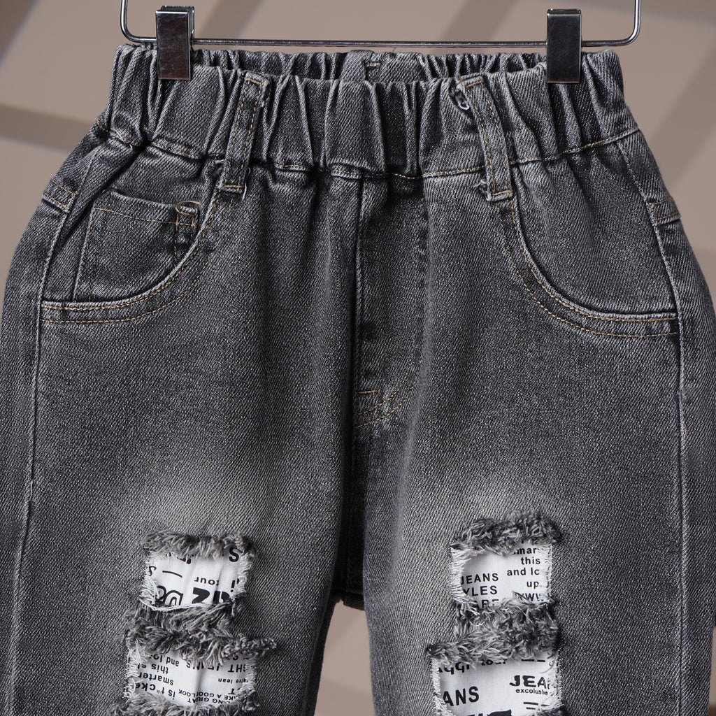 Mom N Genie Kids Washed Grey Distressed Denim Pants with Elastic Waist & Newspaper Patch