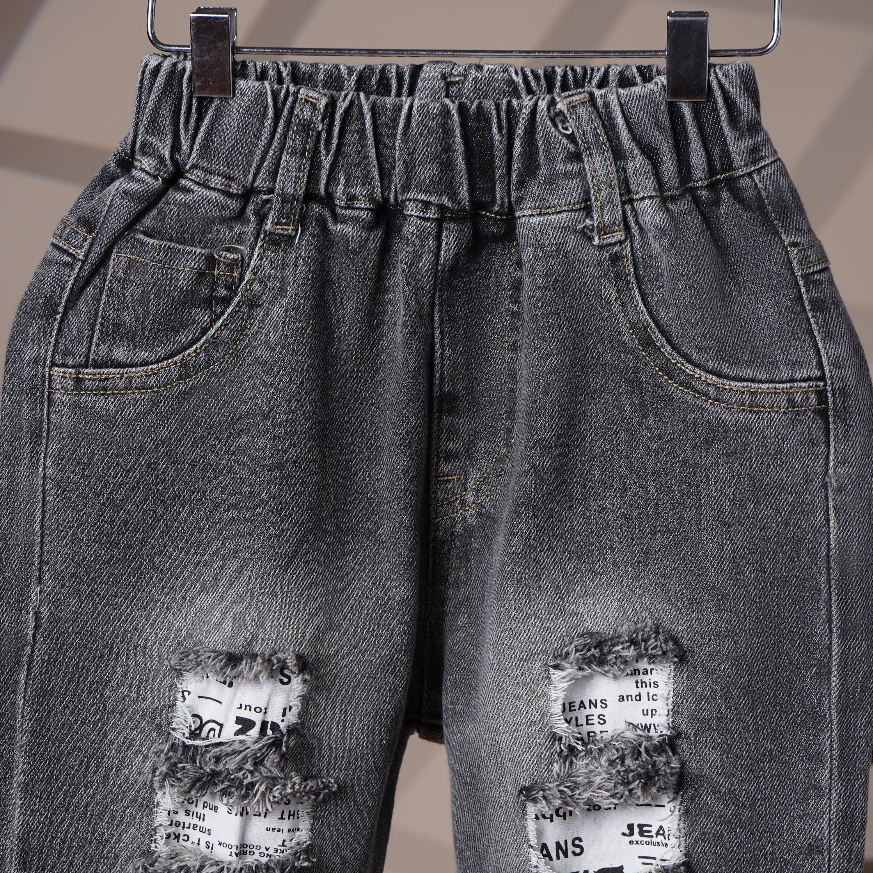 Mom N Genie Kids Washed Grey Distressed Denim Pants with Elastic Waist & Newspaper Patch