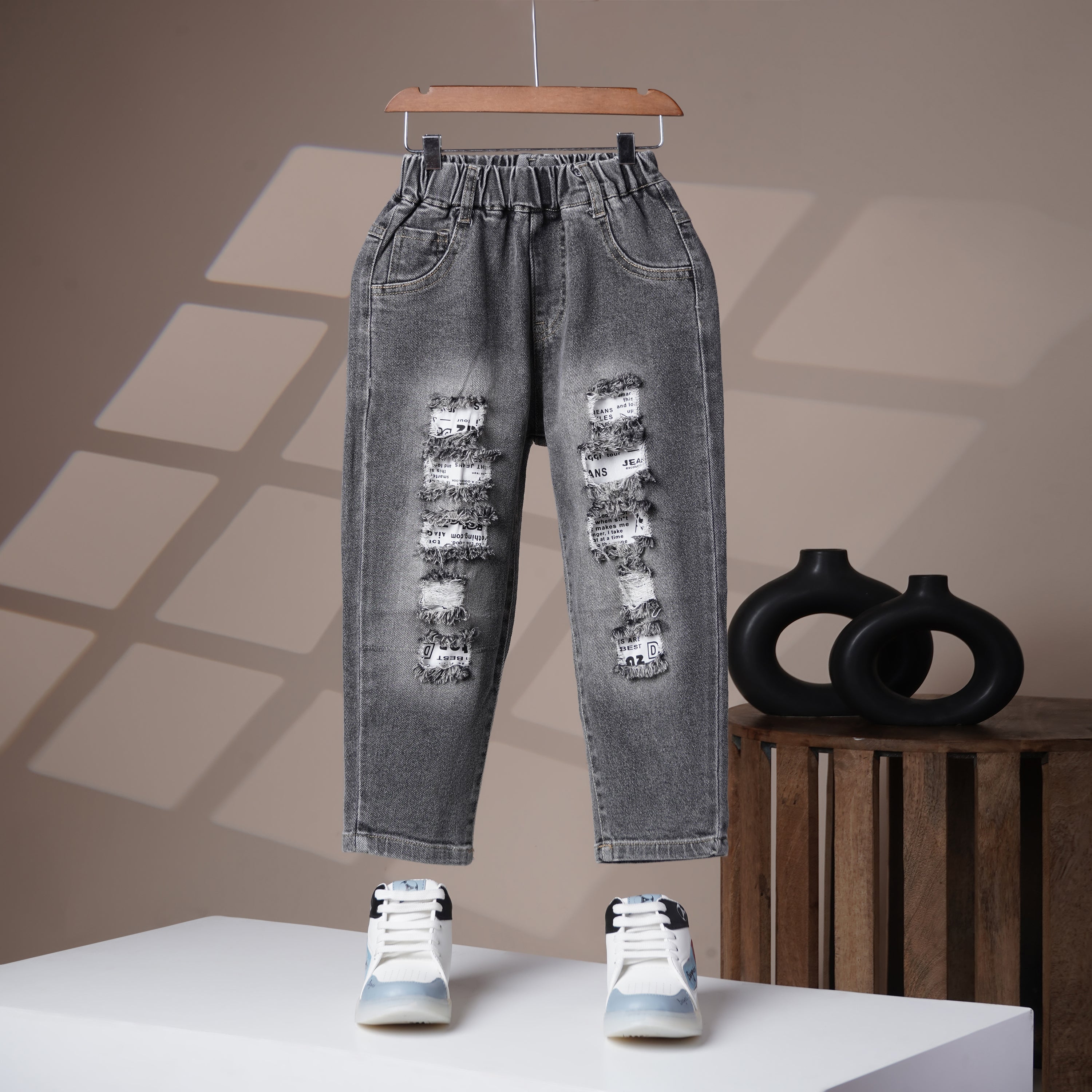 Mom N Genie Kids Washed Grey Distressed Denim Pants with Elastic Waist & Newspaper Patch