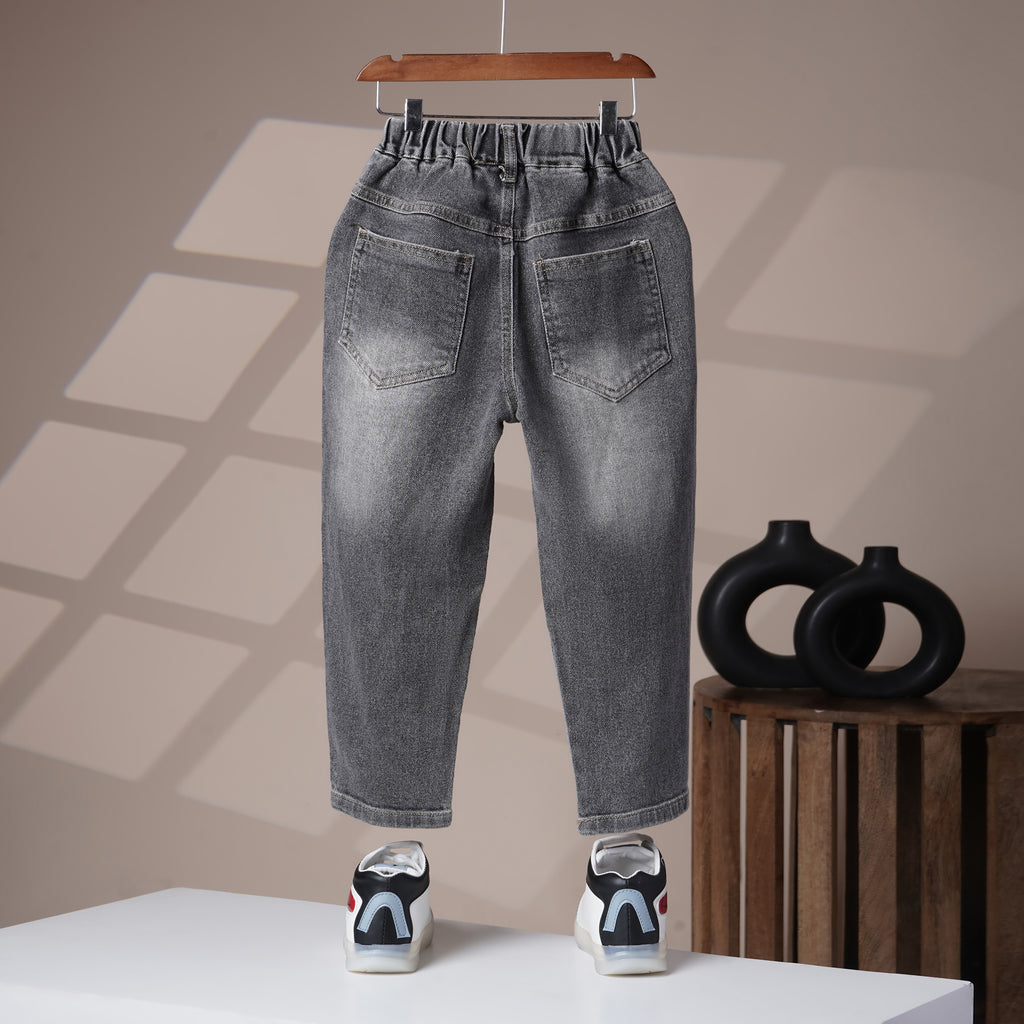 Mom N Genie Kids Washed Grey Distressed Denim Pants with Elastic Waist & Newspaper Patch
