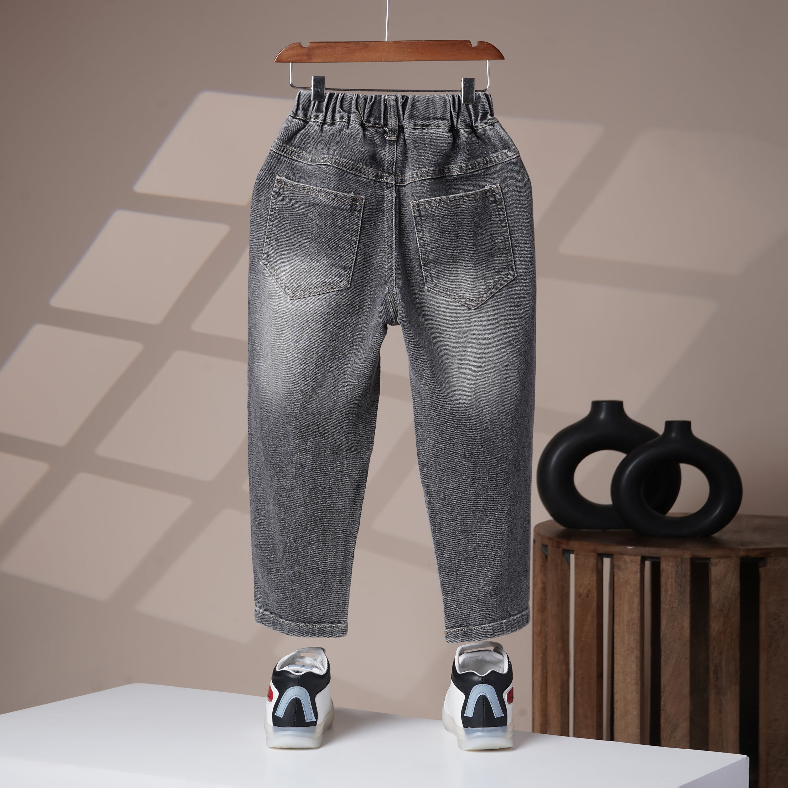 Mom N Genie Kids Washed Grey Distressed Denim Pants with Elastic Waist & Newspaper Patch