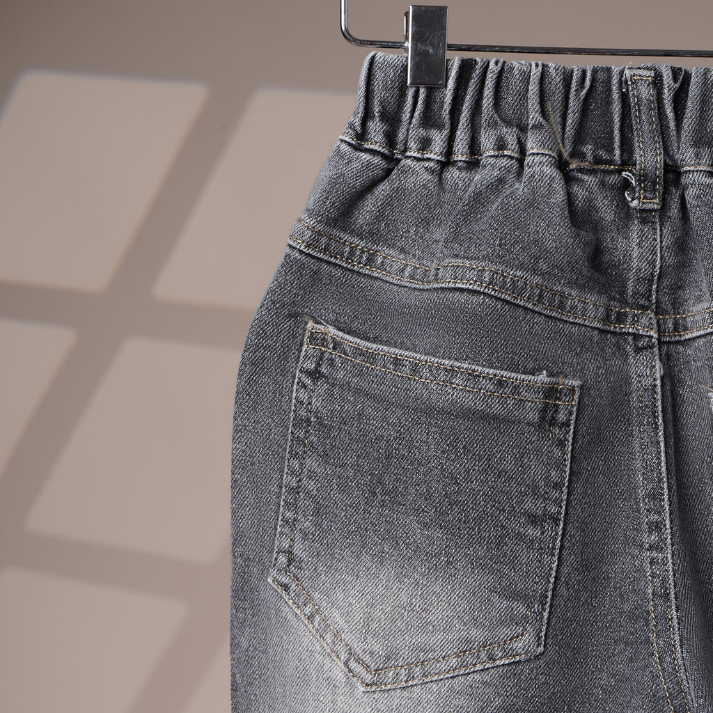 Mom N Genie Kids Washed Grey Distressed Denim Pants with Elastic Waist & Newspaper Patch